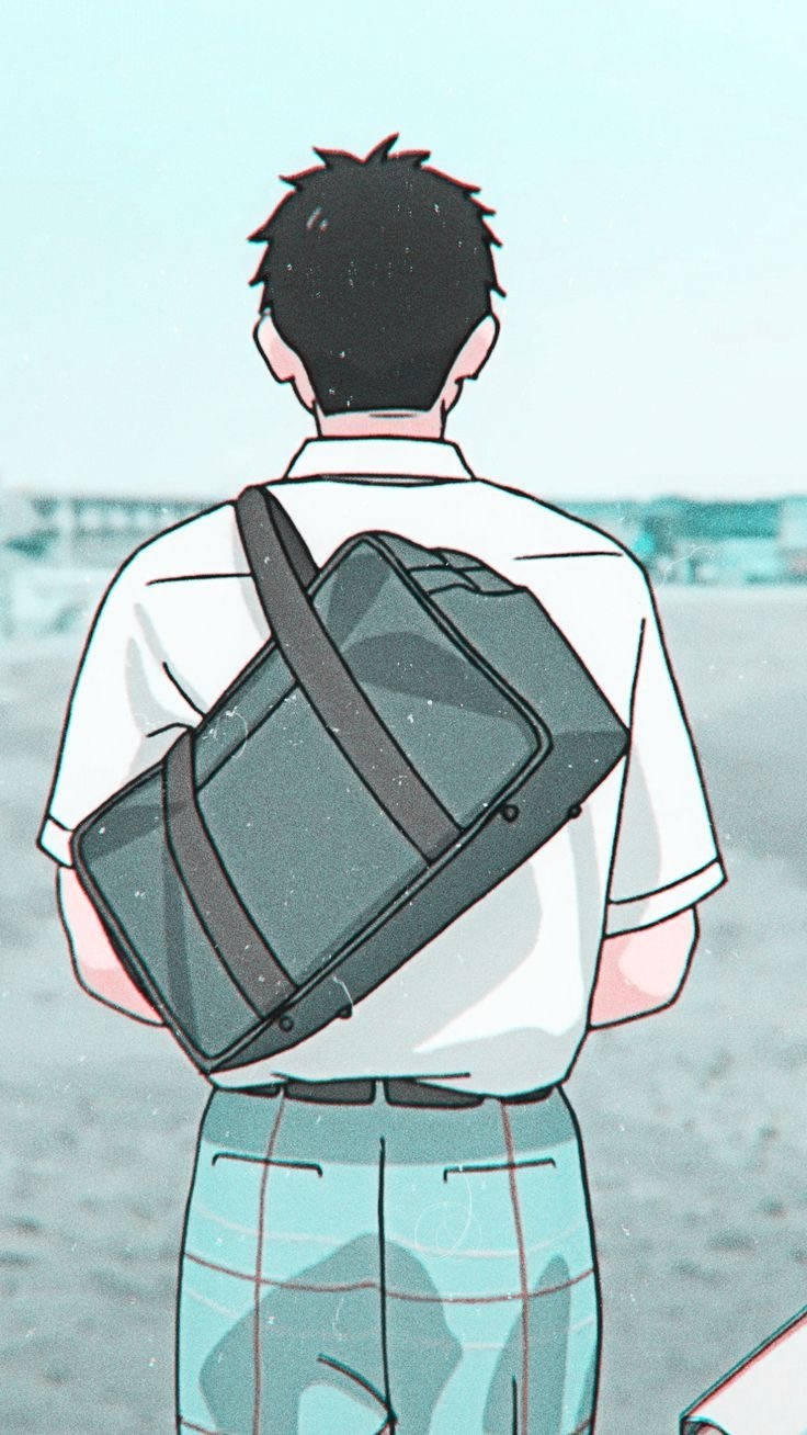 動畫男孩穿著白襯衫和格子褲，拿著綠色行李袋走開。