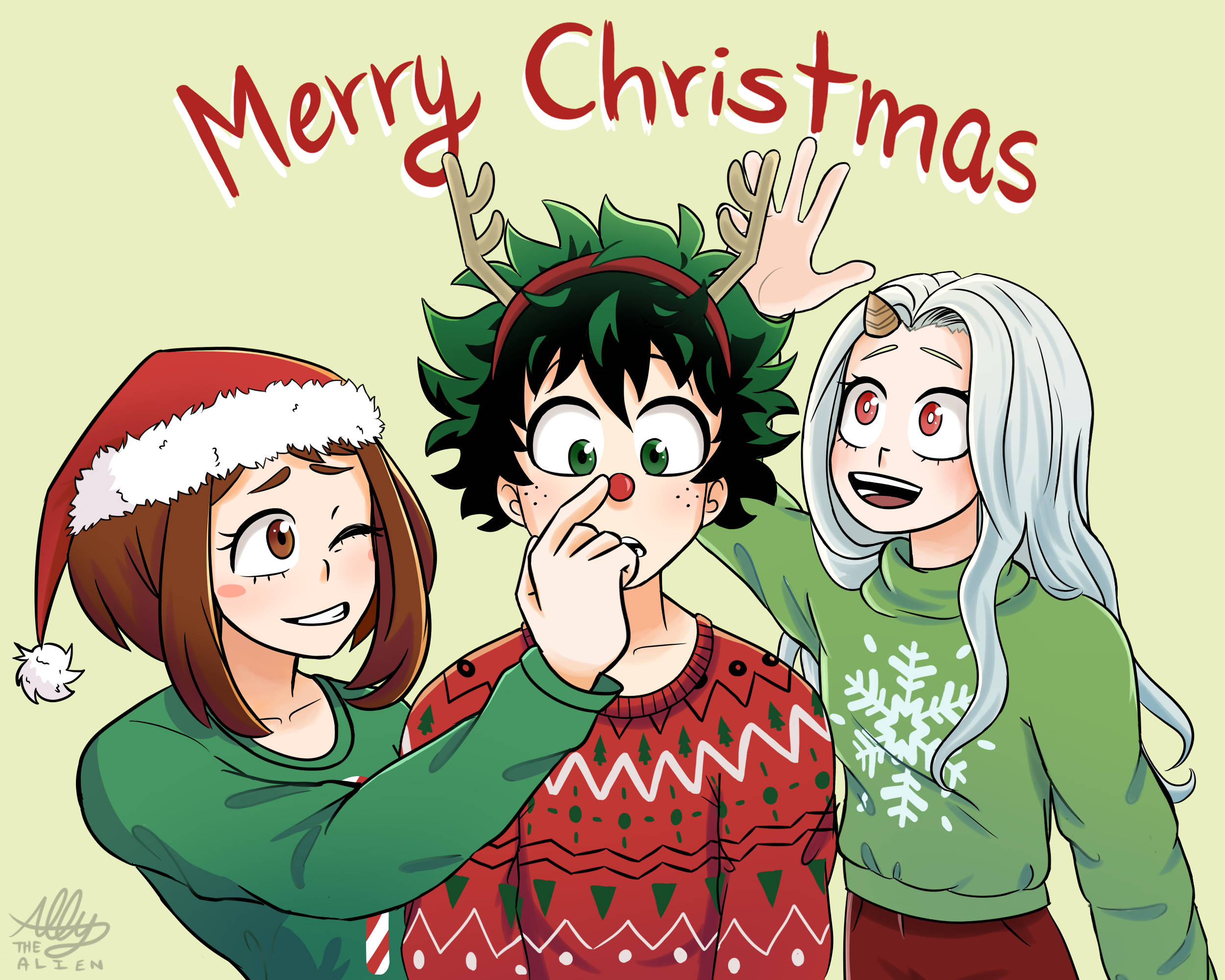 My Hero Academia Anime Christmas 壁紙 — 三個動漫角色穿著節日毛衣和節日頭飾，愉快地擺姿勢，送上聖誕快樂的祝福。