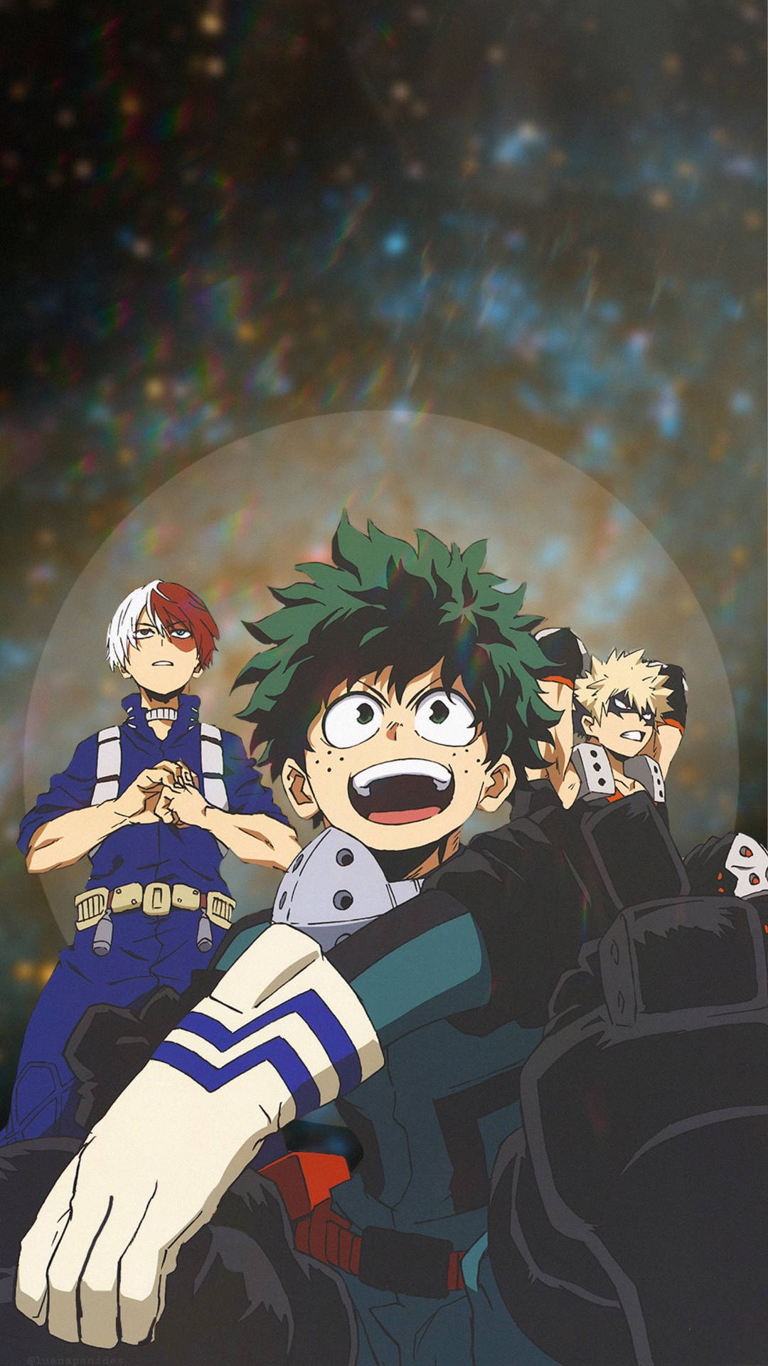 My Hero Academia Deku 壁紙 — 三位身穿英雄制服嘅動畫英雄，喺充滿活力星雲嘅宇宙星空背景下英勇站立。