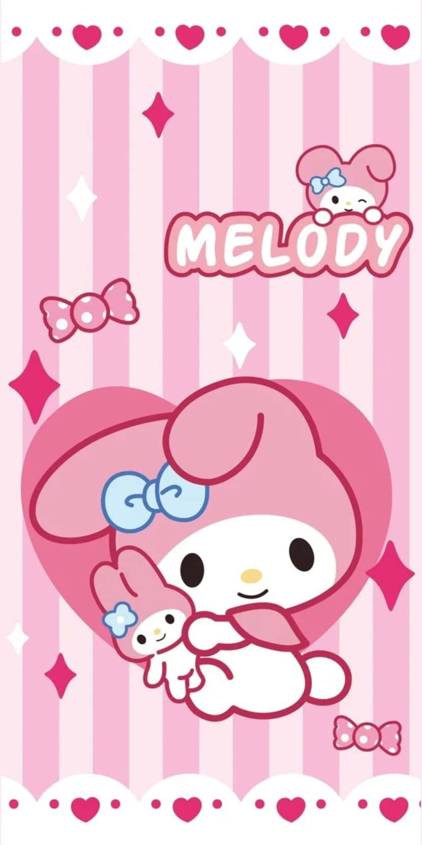 My Melody 和她的寶寶在條紋背景上，身處一個帶有心形和蝴蝶結的粉紅色心形內。 — 粉紅色心形動圖 壁紙