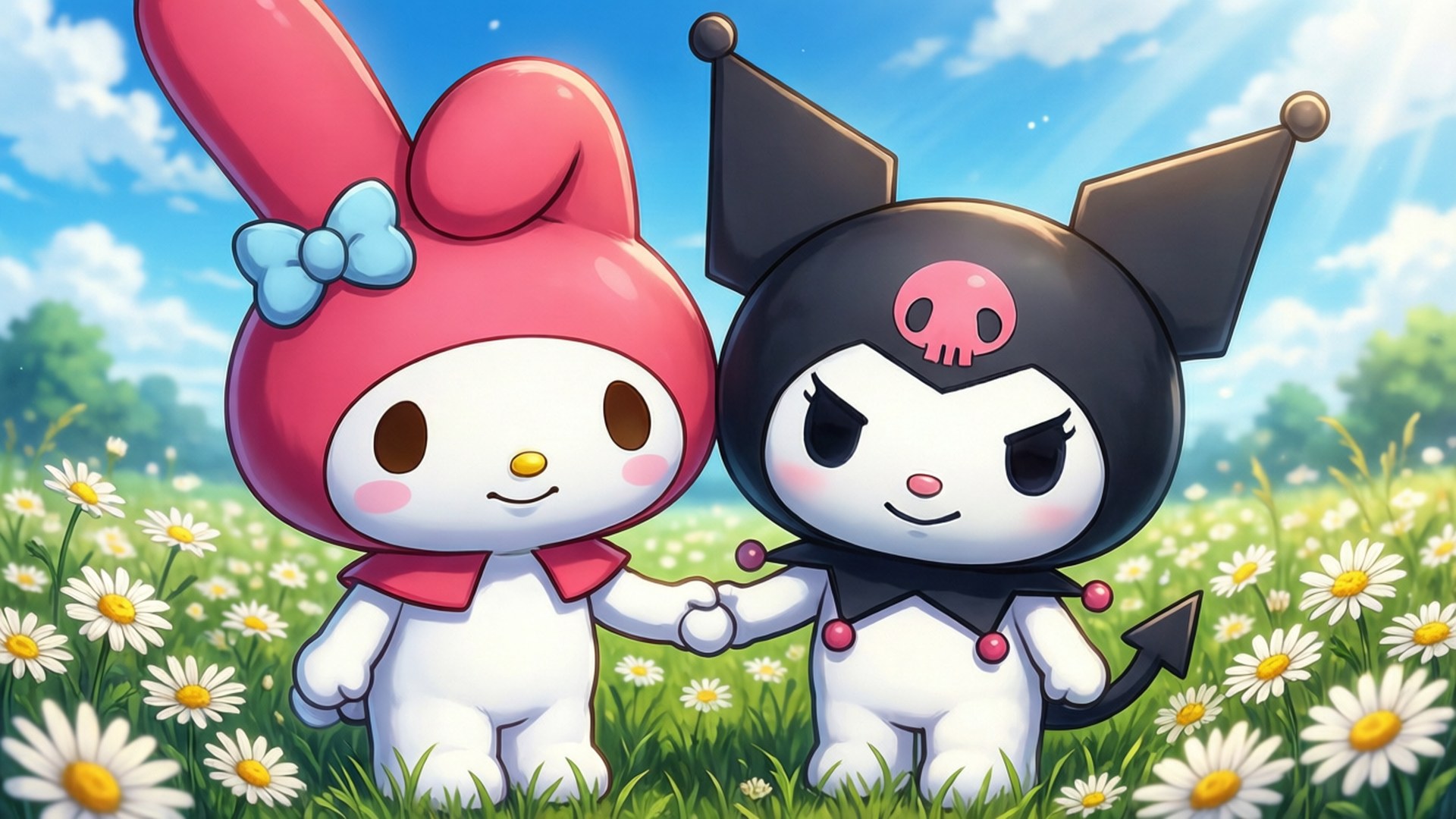 桌布 壁紙 — My Melody 和 Kuromi 在陽光明媚的白色雛菊田裡手牽手，頭上是明亮的藍天。