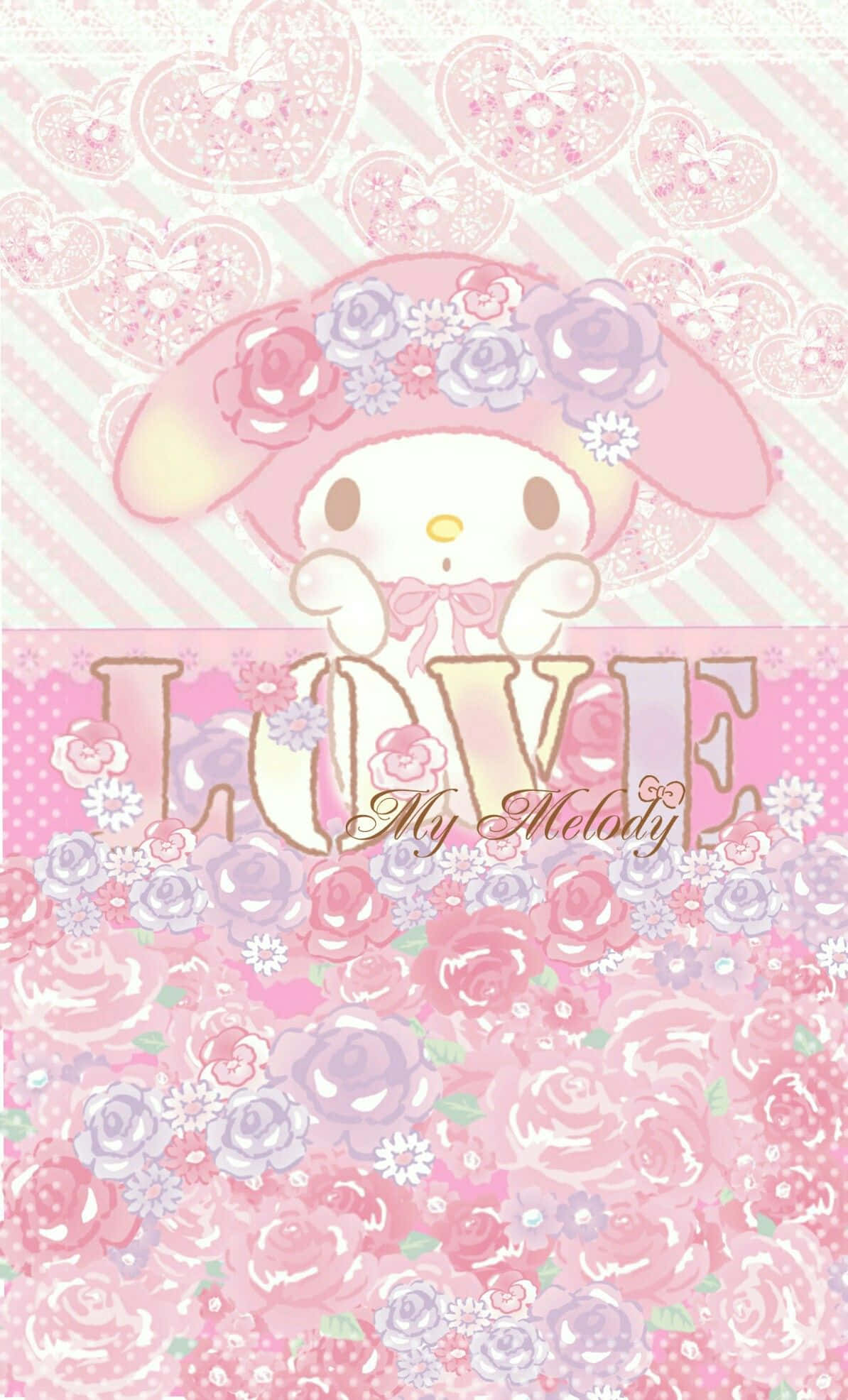 可愛的My Melody，永遠迷人的角色 壁紙 — My Melody 坐在花卉粉紅色背景上，心形和玫瑰圍繞著 LOVE 這個詞。