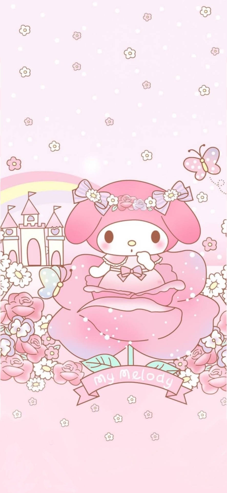 My Melody 與玫瑰花 壁紙 — My Melody 身穿粉紅色連衣裙坐在玫瑰上，城堡、彩虹和蝴蝶在粉彩粉紅色的天空中。