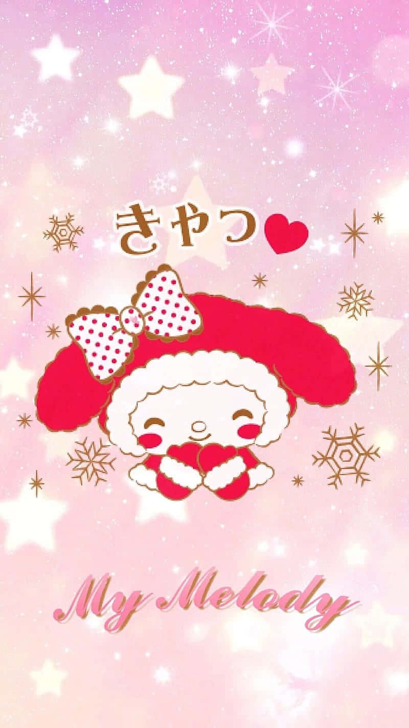  壁紙 — My Melody 戴住紅色冬帽同波點蝴蝶結，喺閃爍粉紅星星背景前抱住心形。