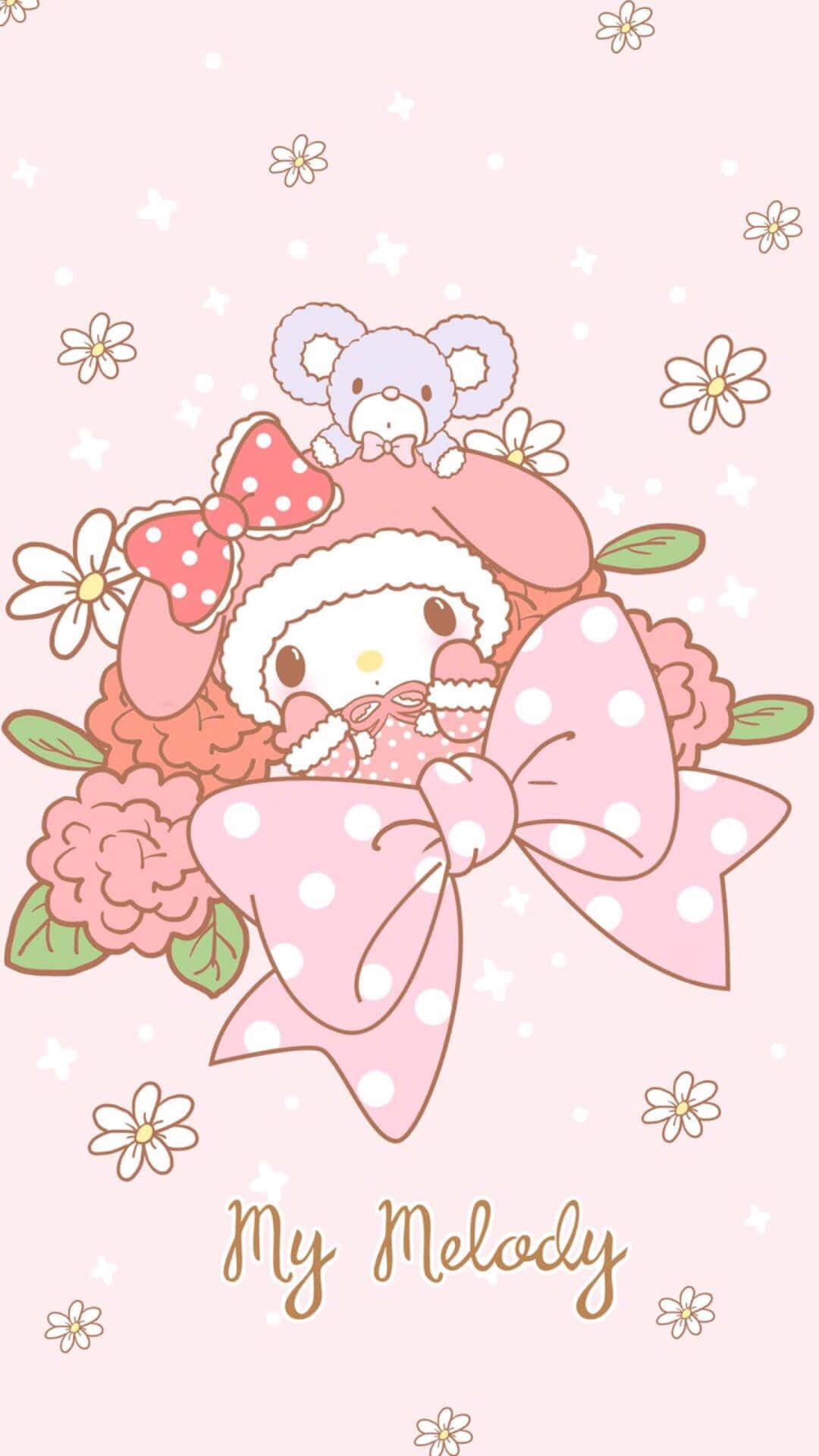 可愛的My Melody花束 壁紙 — My Melody 身穿粉紅色圓點服裝，被花朵和星星環繞，背景為柔和粉紅色。