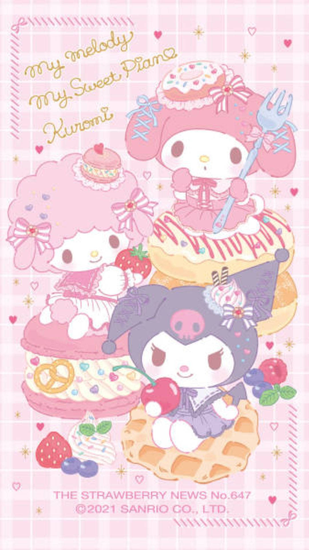 My Melody、Kuromi與My Sweet Piano 壁紙 — 三個Sanrio角色坐在甜點上，背景是粉紅色格紋，配有心形和星星圖案。