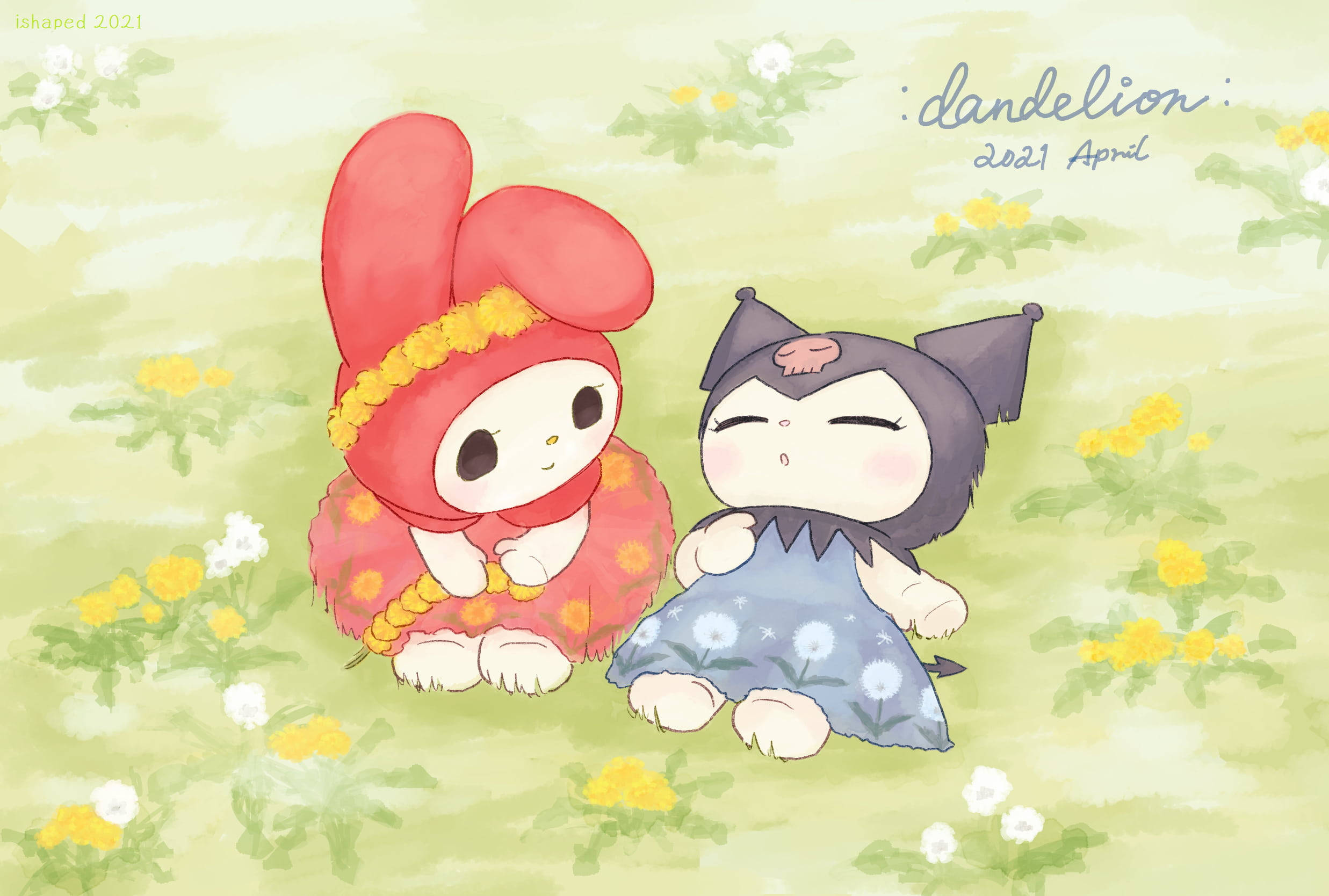 My Melody 與 Kuromi 睡覺 壁紙 — 兩個可愛的動漫角色坐在蒲公英和野花盛開的田野中，天空柔和粉彩。
