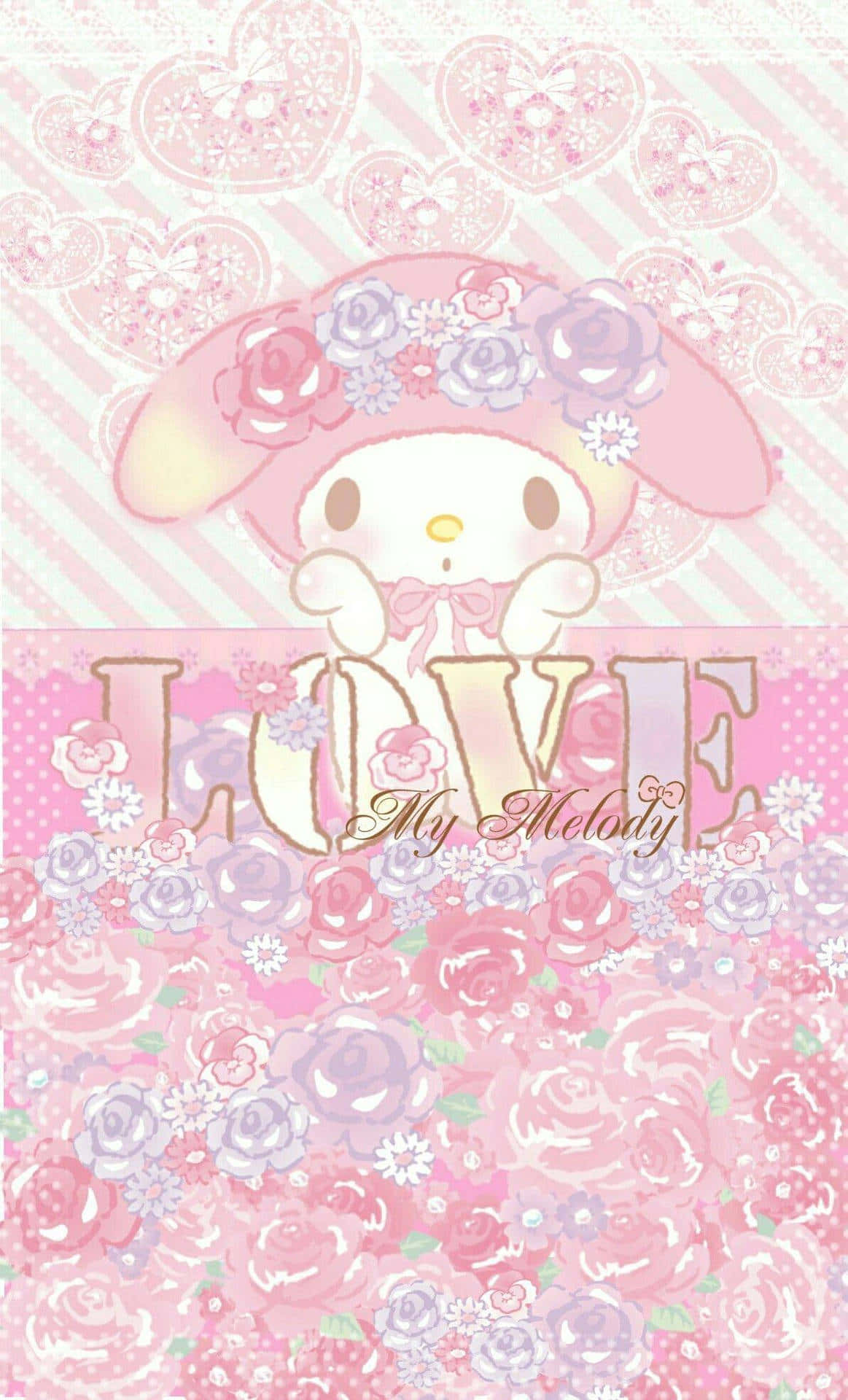  壁紙 — My Melody 坐在花卉粉紅色背景上，背景有心形和閃爍字體 LOVE。
