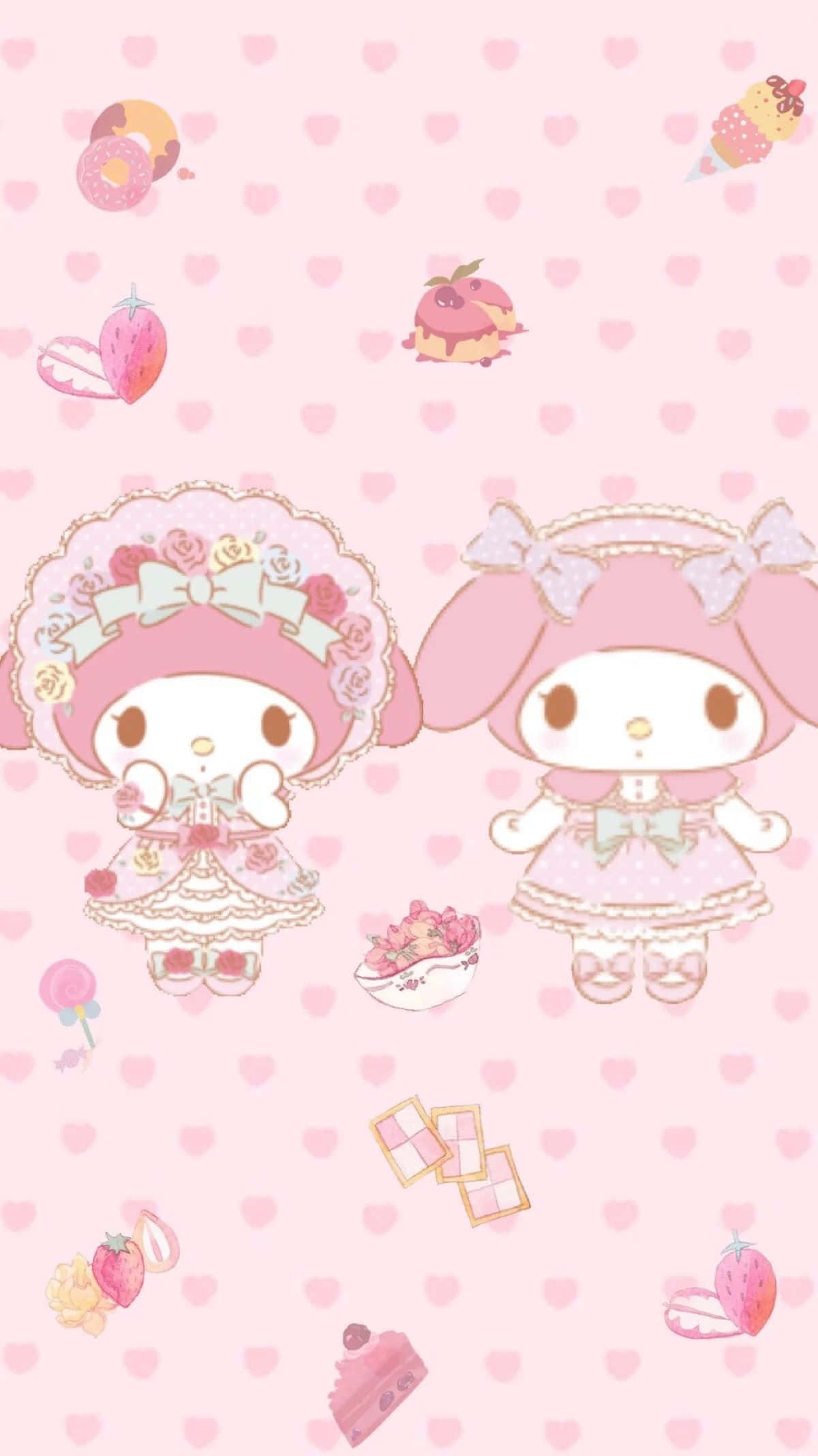 可愛My Melody穿粉紅洋裝壁紙 壁紙 — 兩個穿著花卉裙的可愛粉紅色My Melody角色在糖果和心形之間漂浮，背景是粉紅色圓點圖案。