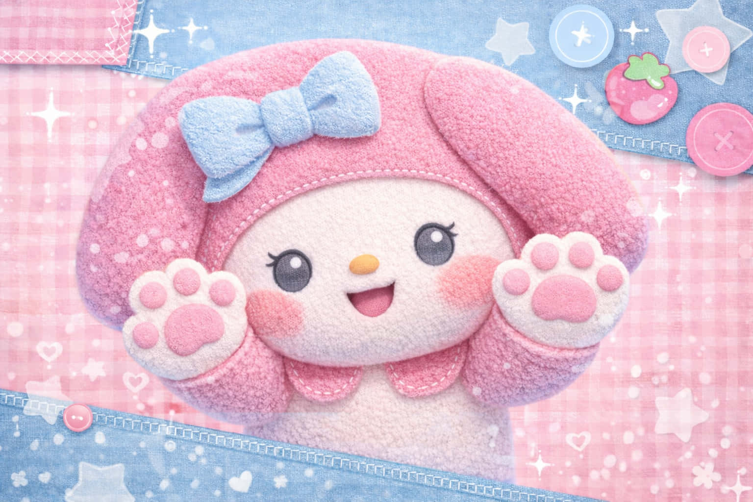My Melody 可愛壁紙 壁紙 — 一個毛茸茸的粉紅色My Melody毛公仔，戴著藍色蝴蝶結，在點綴星星和鈕扣的粉藍色拼布背景前開心地揮手。