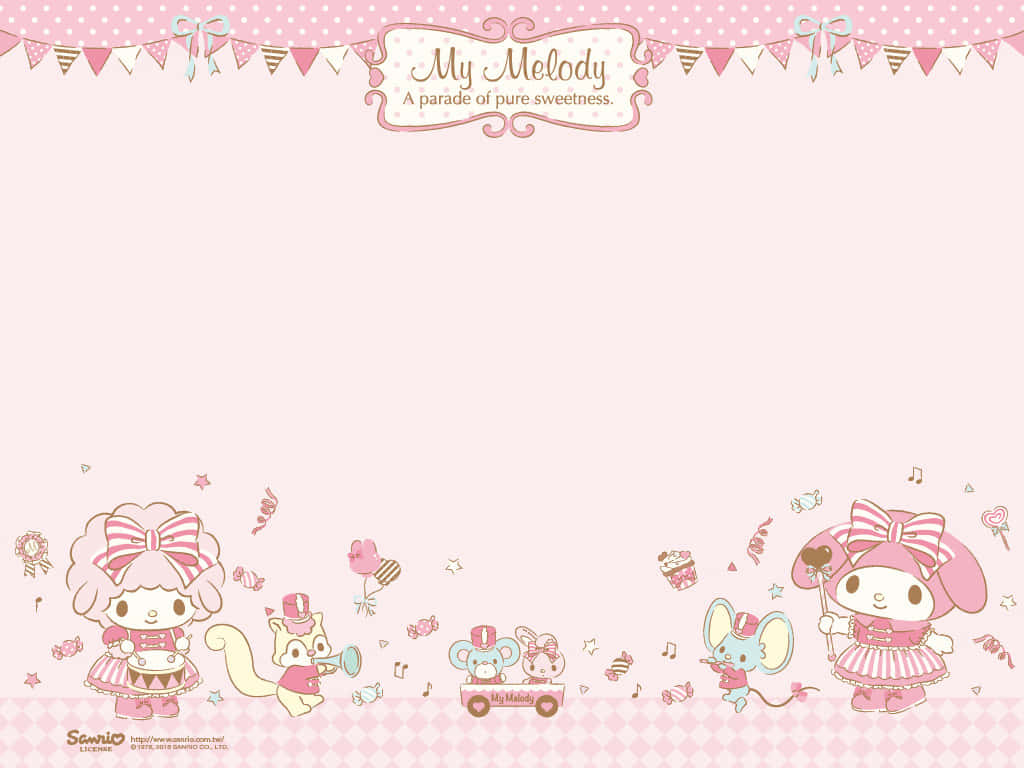 My Melody 和朋友們在粉紅色遊行場景中用音樂和甜點慶祝。