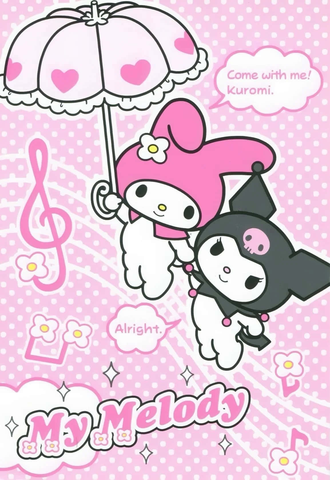 Kuromi And My Melody 桌布 壁紙 — My Melody 和 Kuromi 在粉紅色圓點背景上，伴隨著音符和花朵，愉快地漂浮在心形圖案雨傘下。