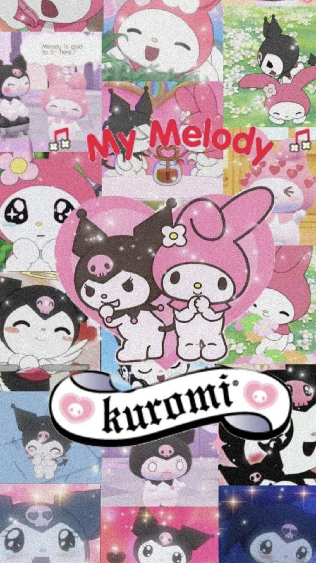 Kuromi And My Melody 桌布 壁紙 — My Melody 和 Kuromi 角色在粉彩粉紅場景中帶有心形和閃光的閃亮拼貼畫。