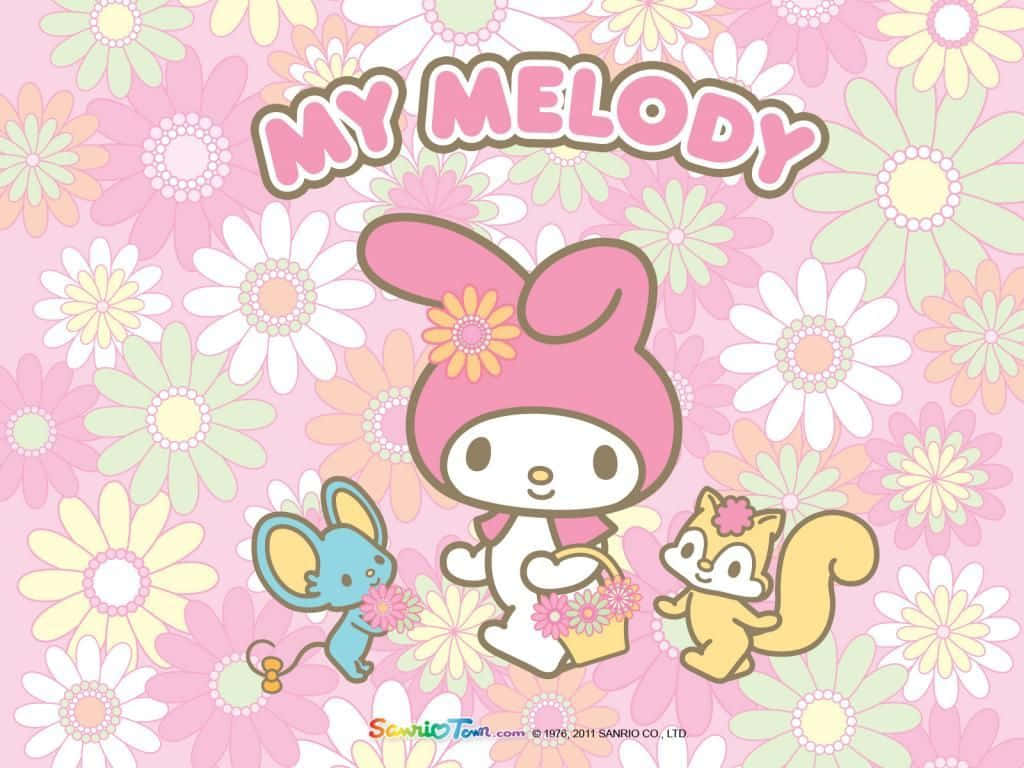 My Melody兔子與老鼠和松鼠喺花卉背景上手持鮮花