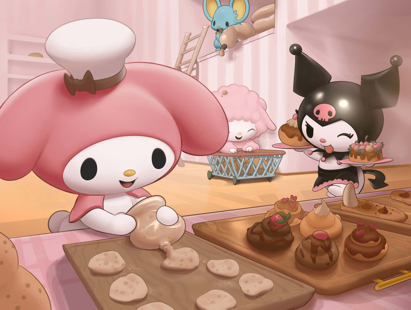 Kuromi And My Melody 桌布 壁紙 — My Melody 焗曲奇，而Kuromi在粉紅色廚房裡提供蛋糕，梯子上有一隻藍色老鼠。