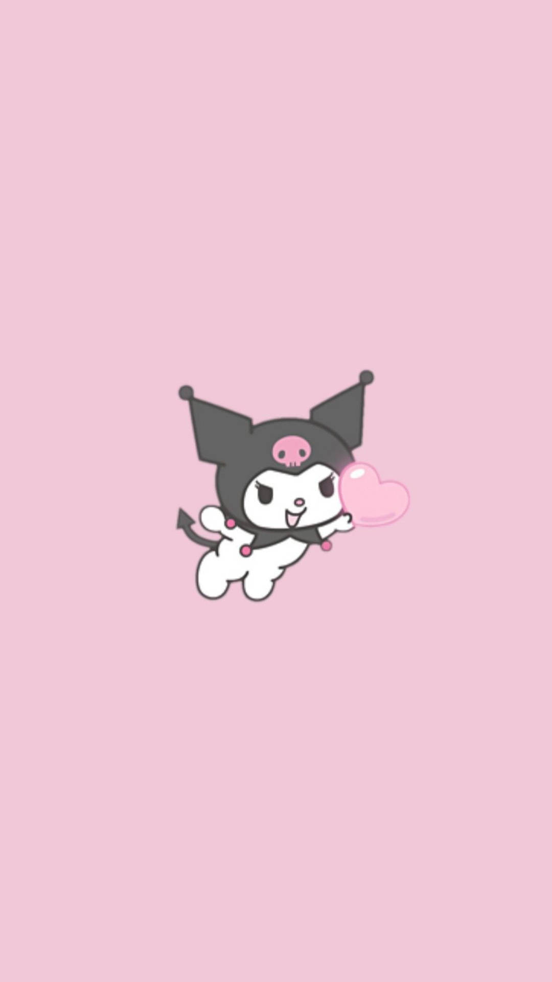 My Melody 的對手 Kuromi 手持心形 壁紙 — 一個可愛的卡通角色，戴著黑色帽子和粉紅色心形，在柔和的粉紅色背景上愉快地漂浮。