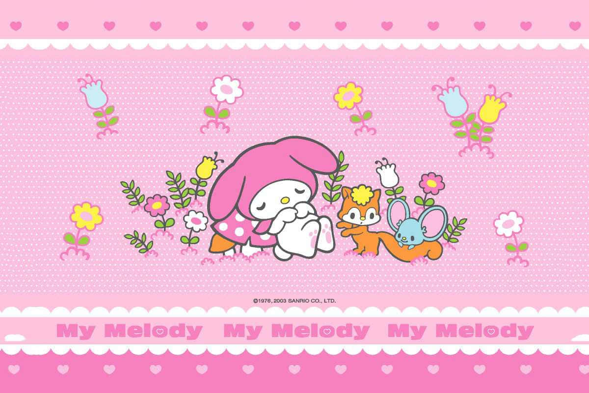 My Melody 和動物朋友們在花卉粉紅色牆紙場景中。