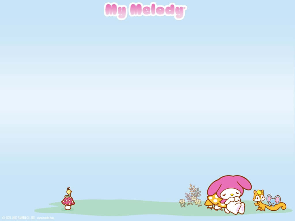 My Melody 與 Flat、Risu 共眠桌面壁紙 壁紙 — My Melody 和朋友們平靜地坐在草地上，背景是柔和的藍天和漸變色調。