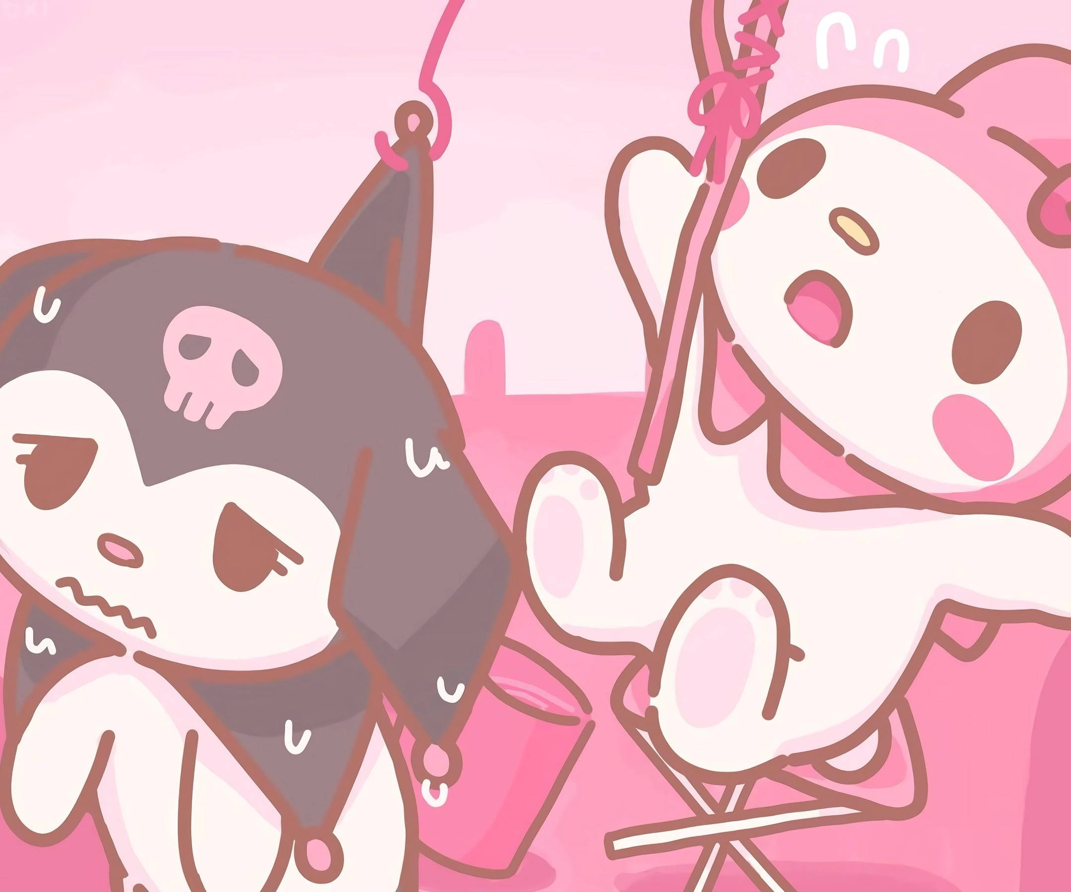 My Melody 與 Kuromi 懸掛搖晃 壁紙 — 兩個可愛的卡通角色，一個戴著骷髏帽看起來很惱火，而另一個粉紅色的則快樂地在繩子上盪來盪去。