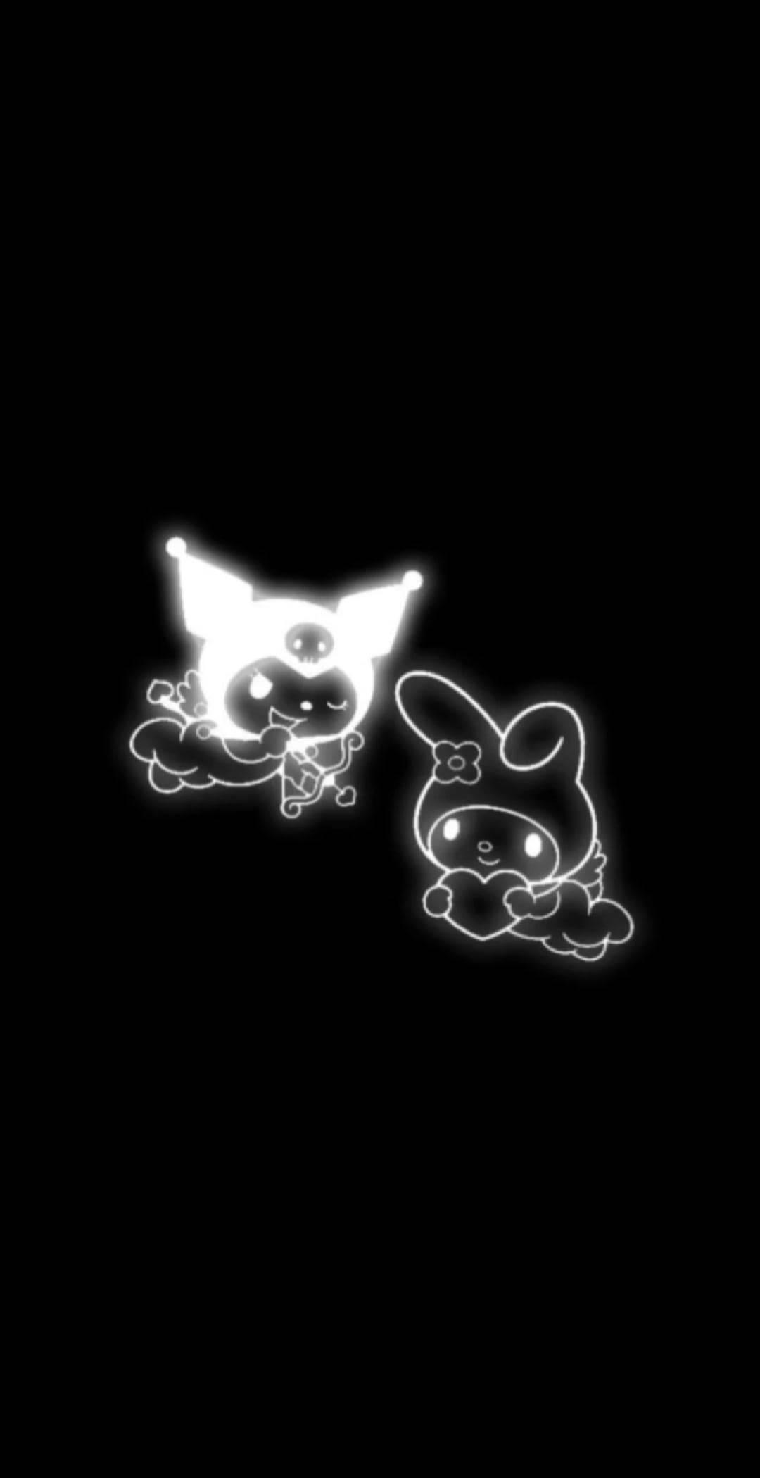 My Melody 與 Kuromi 線條畫 壁紙 — 兩個發光的白色卡通角色漂浮在雲朵上，背景為黑色，帶有柔和的霓虹輪廓。