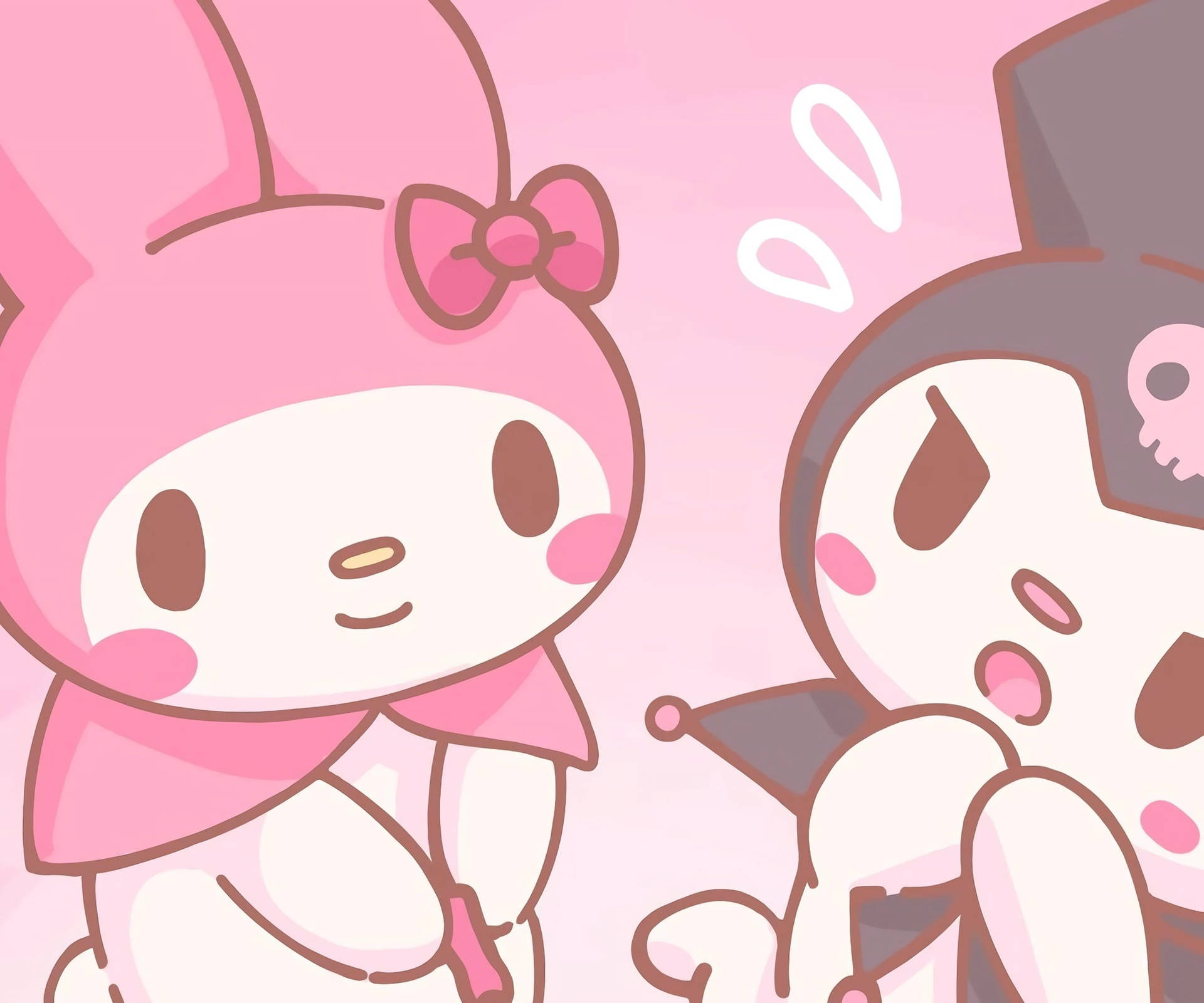 My Melody 與 Kuromi 可愛桌面 壁紙 — 兩個可愛的動漫角色：一隻戴蝴蝶結的粉紅色兔子和一個帶汗滴的深色骷髏臉角色，背景是柔和的粉紅色。
