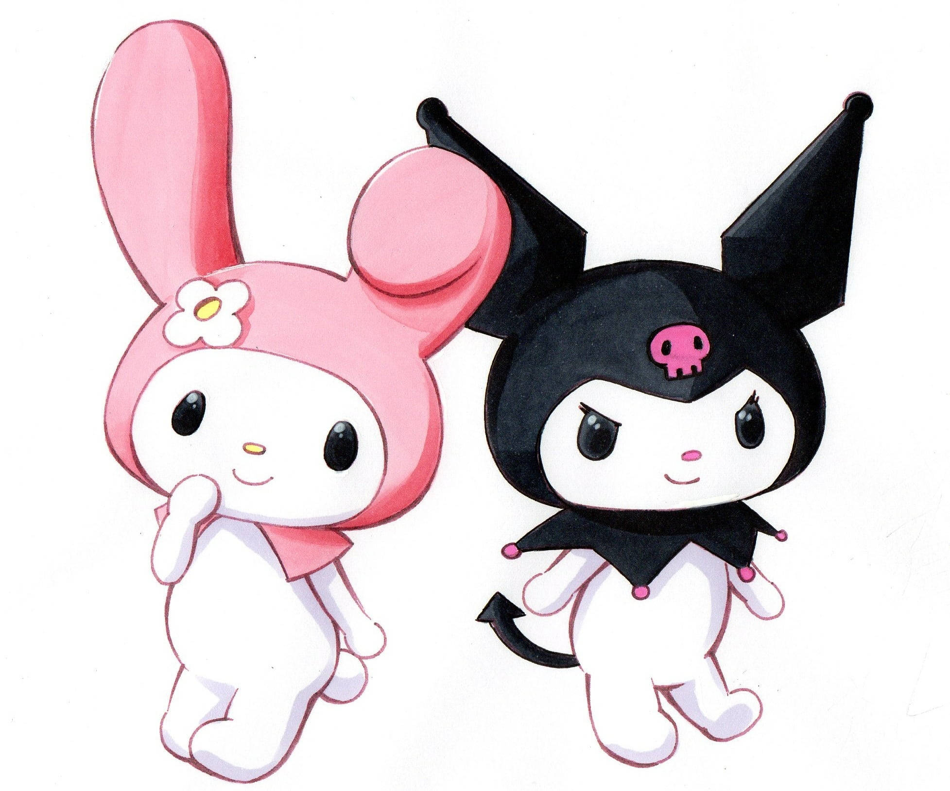 My Melody 與 Kuromi 背對背站立 壁紙 — 兩個可愛的動漫角色 My Melody 和 Kuromi 並排站立，一個粉紅色，一個黑色，有大耳朵和簡單的微笑。
