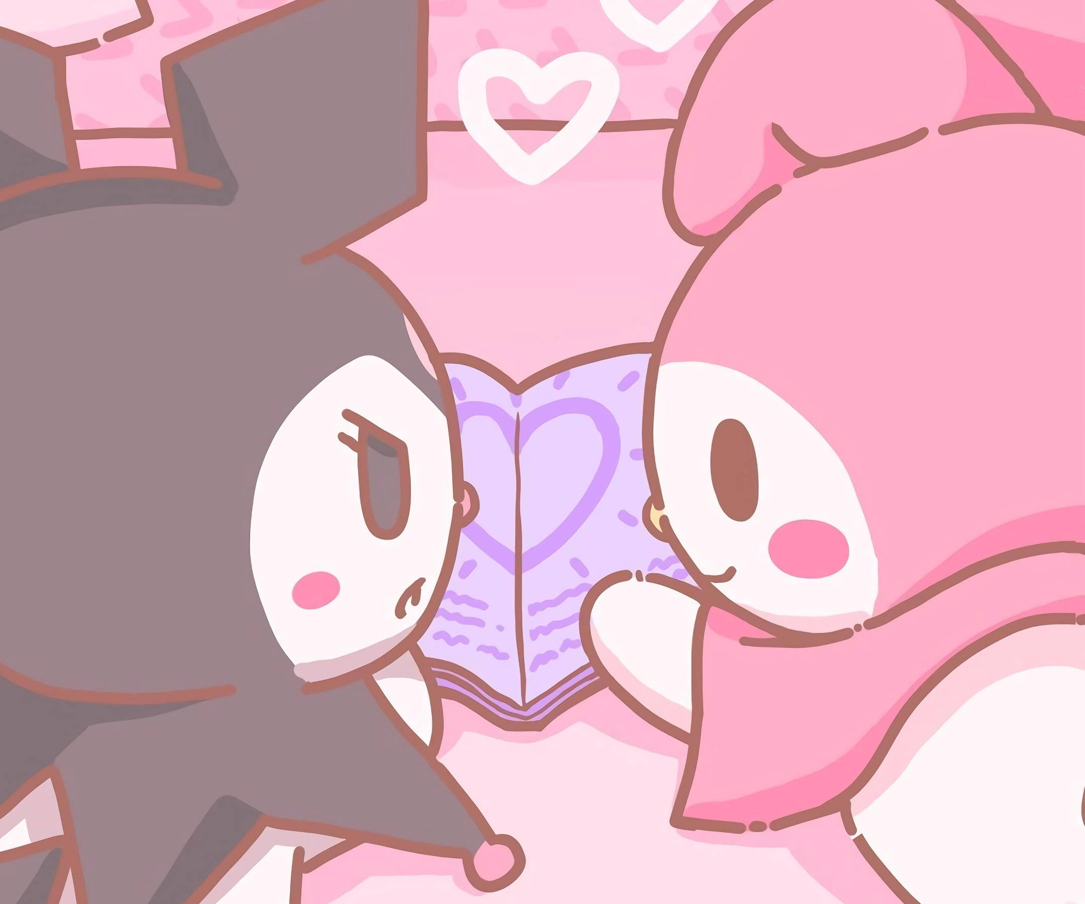 My Melody 與 Kuromi 閱讀 壁紙 — 兩個可愛的卡通角色共享一本心形書，周圍漂浮著心形，置身於柔和的粉紅世界。