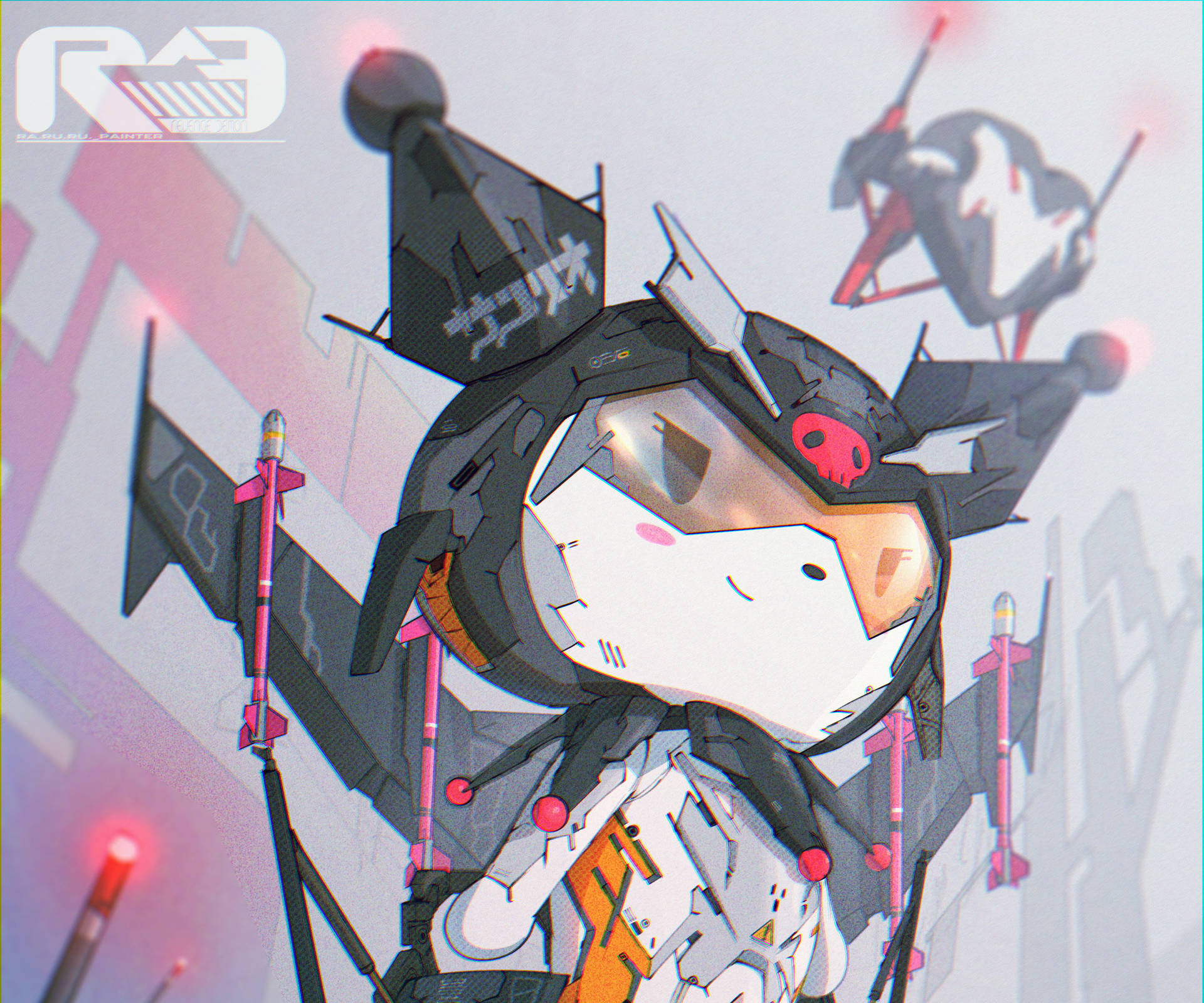 My Melody 與 Kuromi 机器人裝束 壁紙 — 一個可愛的Q版飛行員，穿著未來風格的噴射背包服，帶有發光的粉紅色推進器和頭盔上的骷髏標誌。