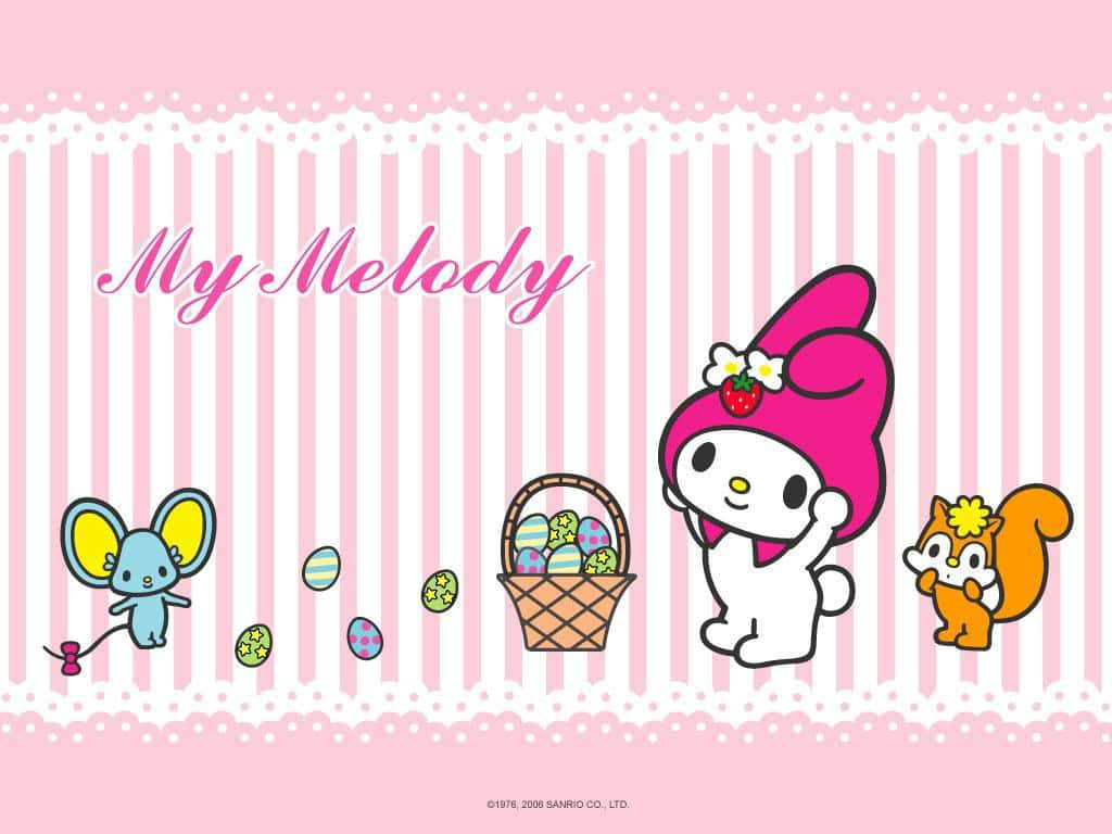 My Melody 與 Risu、Flat 聚會桌面壁紙 壁紙 — My Melody 和朋友們在粉紅色條紋牆紙背景下，用彩色雞蛋和籃子慶祝復活節。