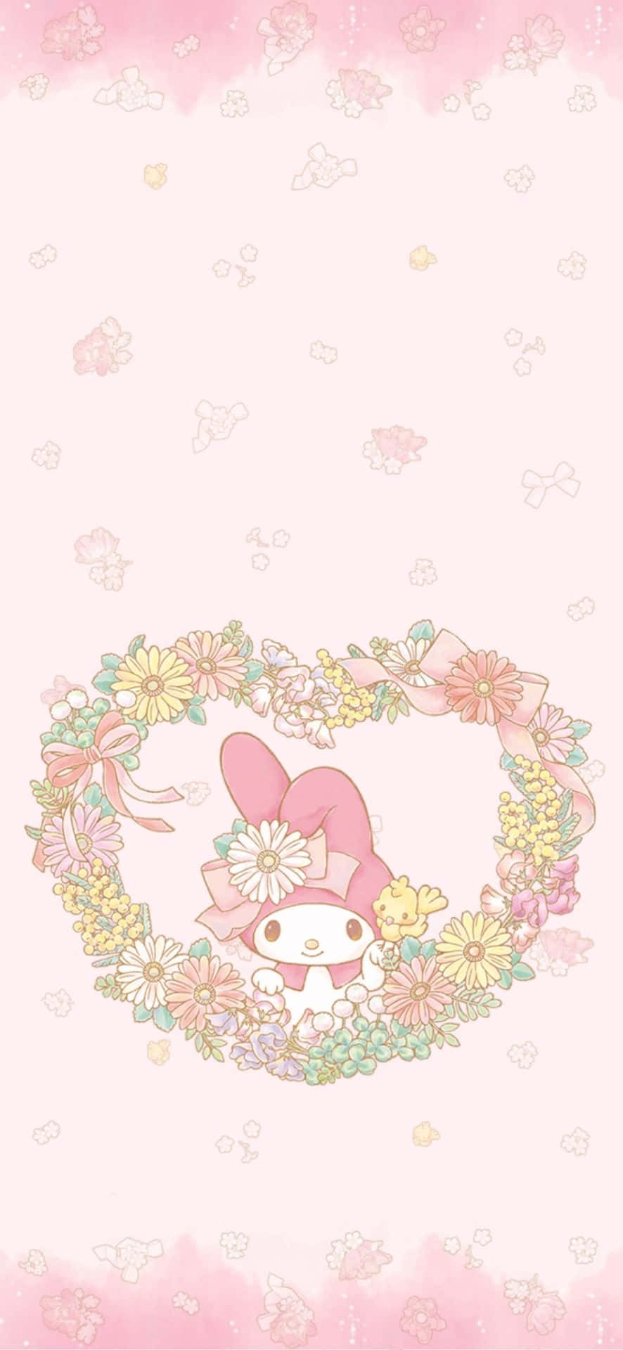 My Melody在粉紅色背景上的花卉心形花環中。