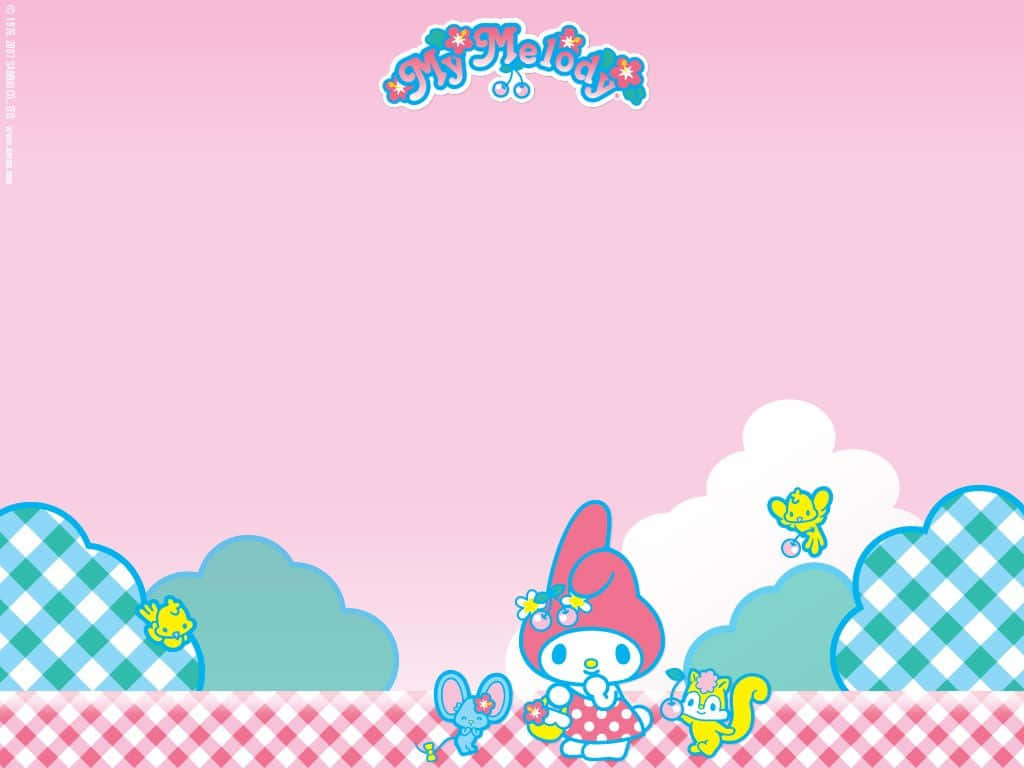 My Melody可愛又有趣！ 壁紙 — My Melody 和朋友們在粉彩粉紅色風景中，帶有格仔雲和格仔圖案。