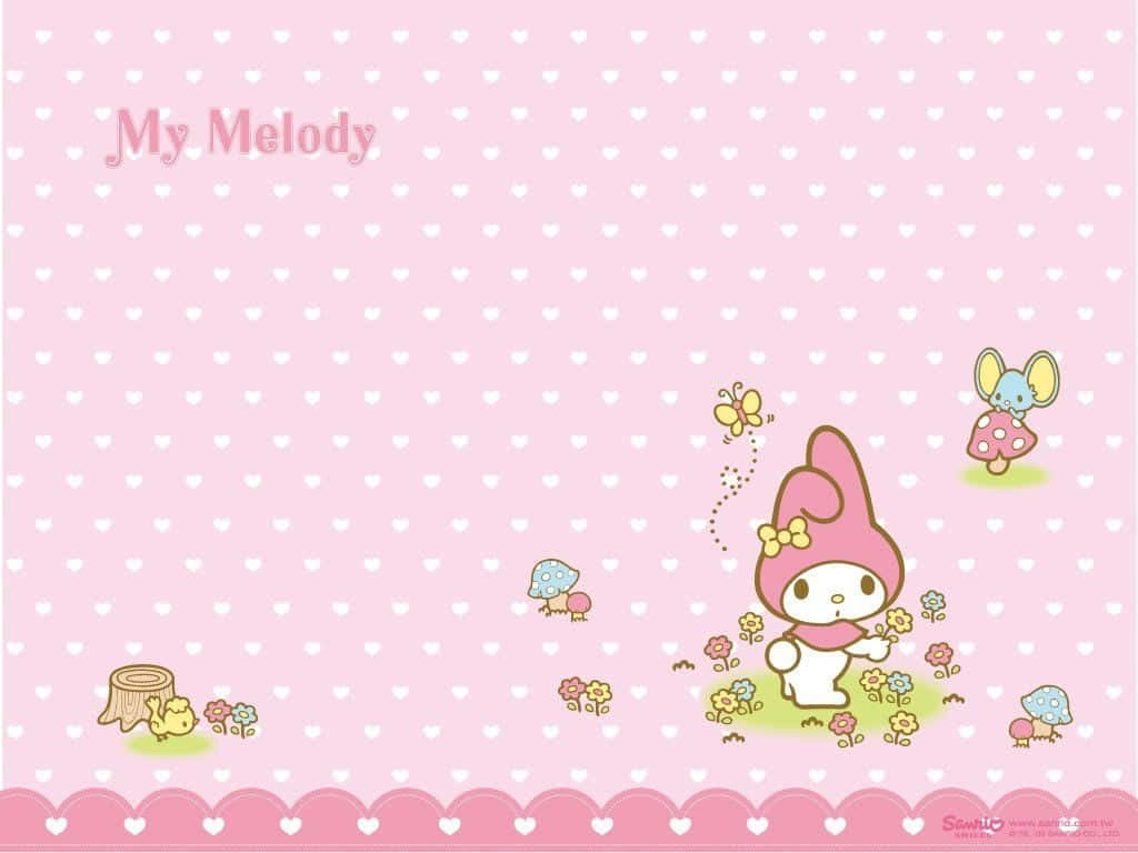 My Melody甜美可愛！ 壁紙 — My Melody 粉紅色兔子戴著蝴蝶結，坐在心形圖案粉紅色背景上的花朵和蘑菇之間。