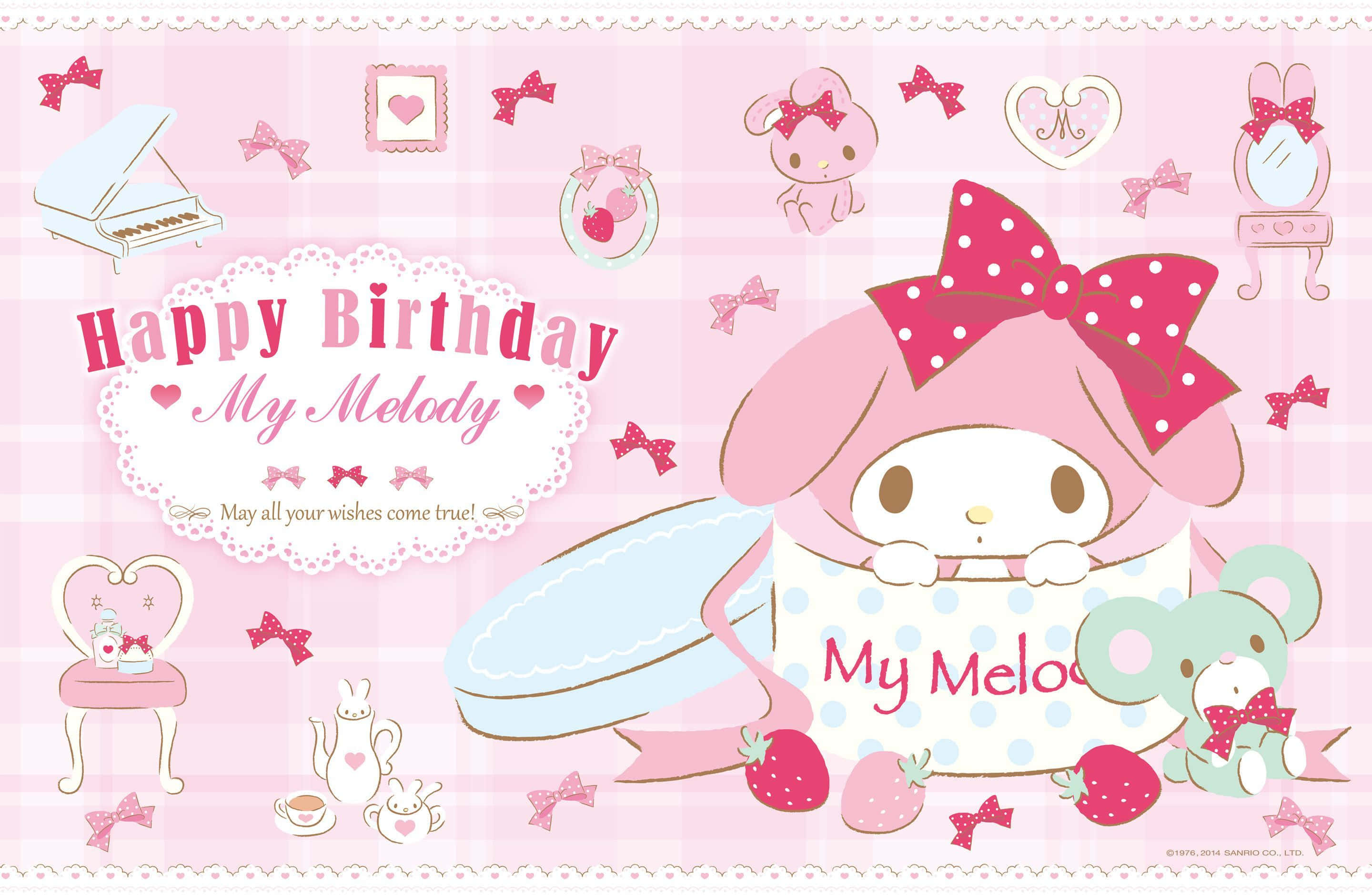 My Melody筆電——愛玩又實用的完美選擇 壁紙 — My Melody 喺格仔背景上，拎住一個被粉紅色蝴蝶結同可愛傢具包圍嘅生日蛋糕。