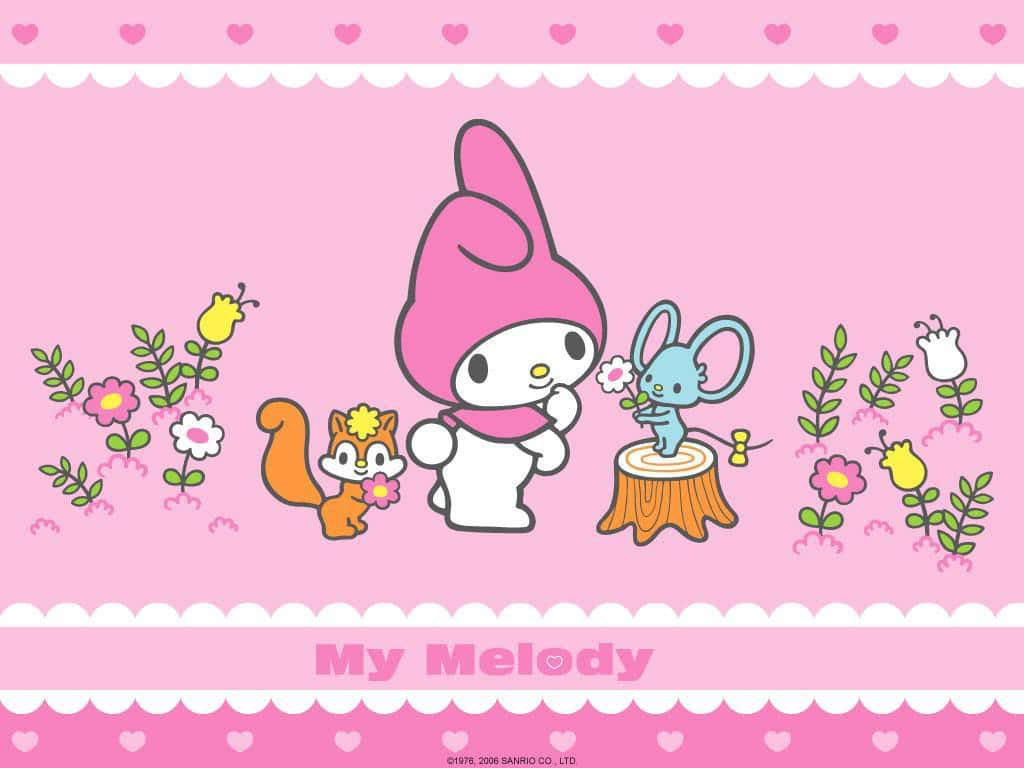 My Melody筆電——隨身攜帶的可愛夥伴 壁紙 — My Melody 和朋友們在一個充滿歡樂的粉紅色花園裡，有花朵和一個樹樁。