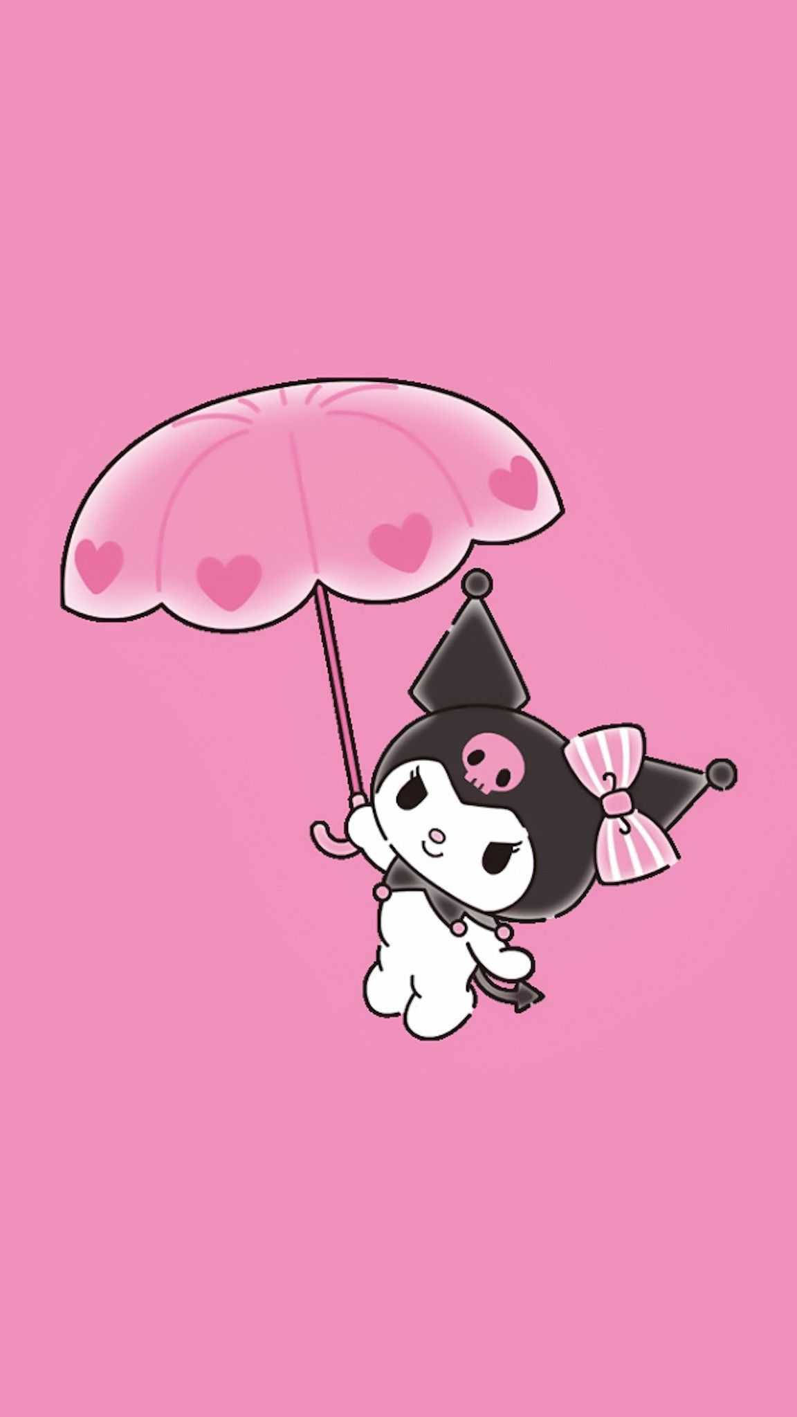 My Melody與Kuromi拿著可愛雨傘 壁紙 — 一個可愛的黑白卡通角色拿著粉紅色心形雨傘，漂浮在純粉紅色背景上。
