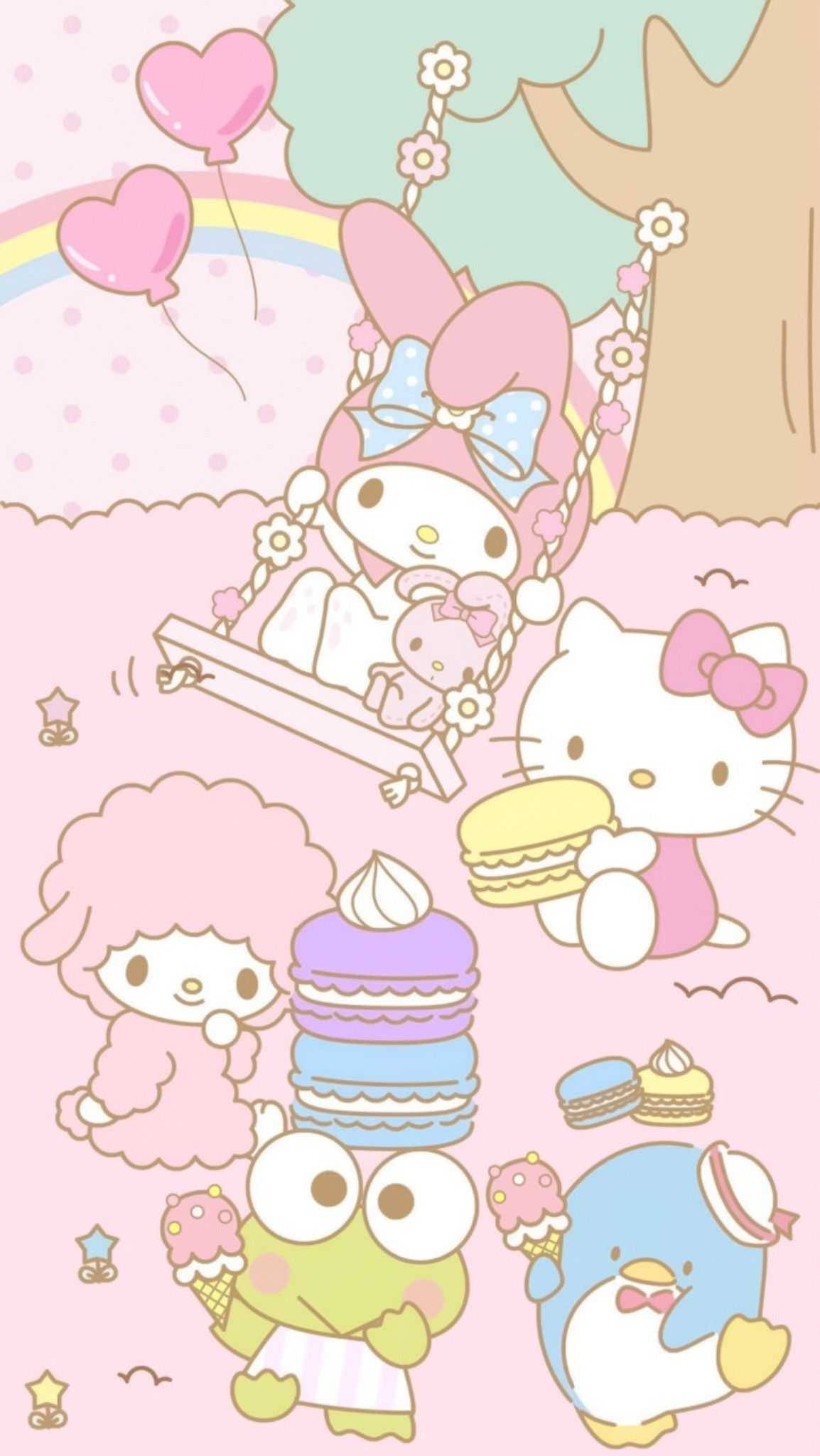 My Melody 與朋友玩耍 壁紙 — 可愛的Sanrio角色在粉彩彩虹下，在夢幻的粉紅色花園中享受甜點和鞦韆。