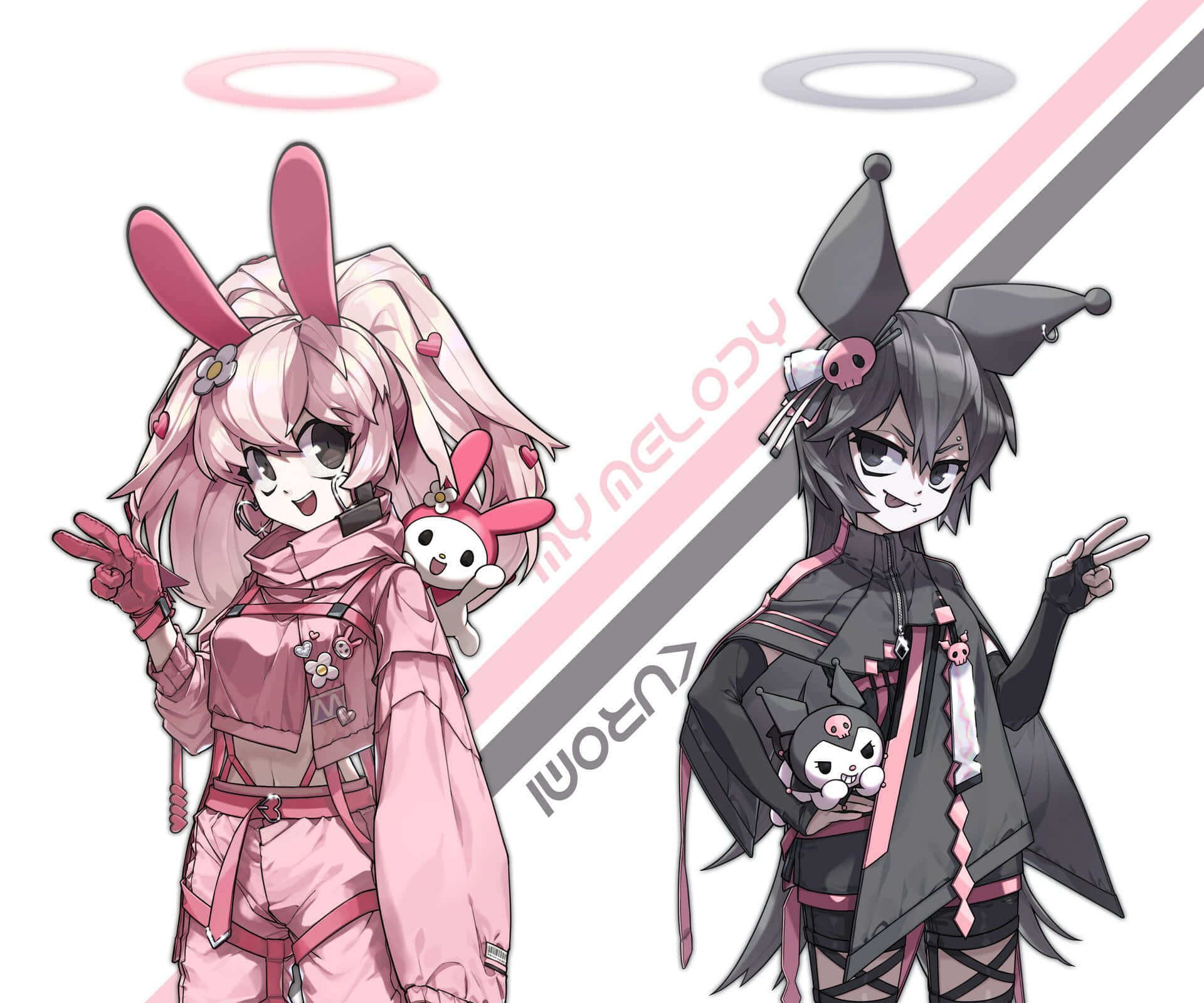 My Melody與朋友的可愛一日遊 壁紙 — 兩個動漫女孩，一個粉紅兔主題，另一個黑色小丑主題，都抱著毛絨玩具並做出和平手勢。