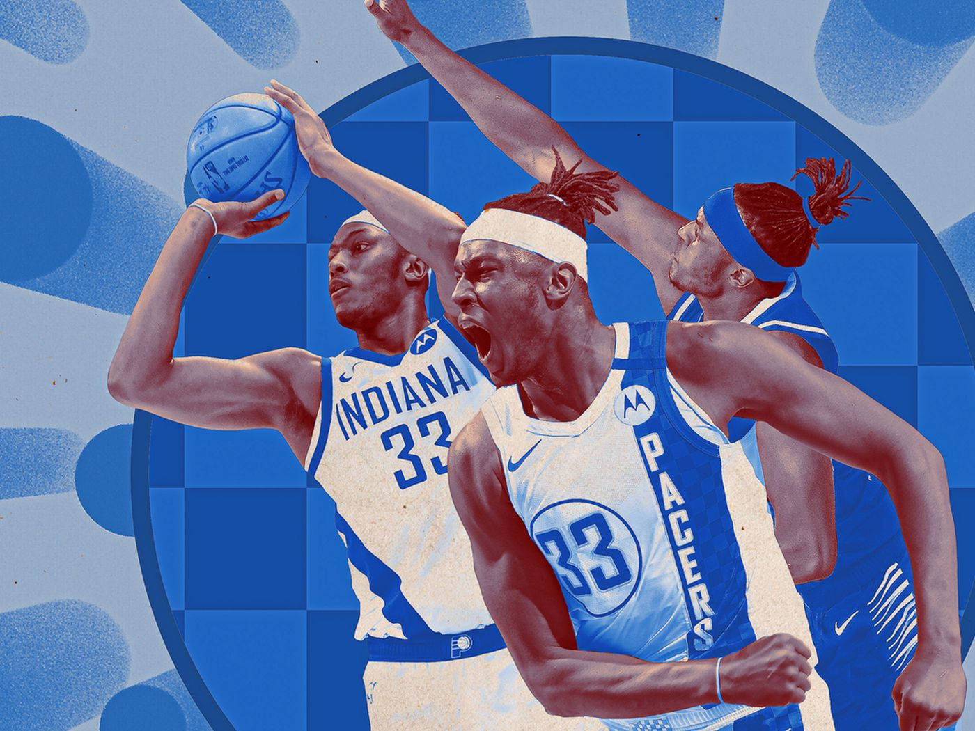 Myles Turner 藍色風格壁紙 壁紙 — 三名印第安納溜馬籃球運動員在搶眼的藍色格仔和抽象背景前擺出動態姿勢。