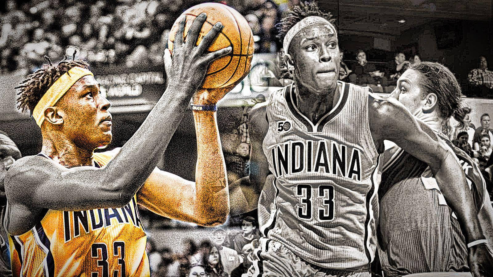 Myles Turner 個人龐克風格拼貼 壁紙 — 一名身穿黃色球衣的籃球運動員在兩名印第安納溜馬球員防守下投籃，呈現高對比度的動作畫面。
