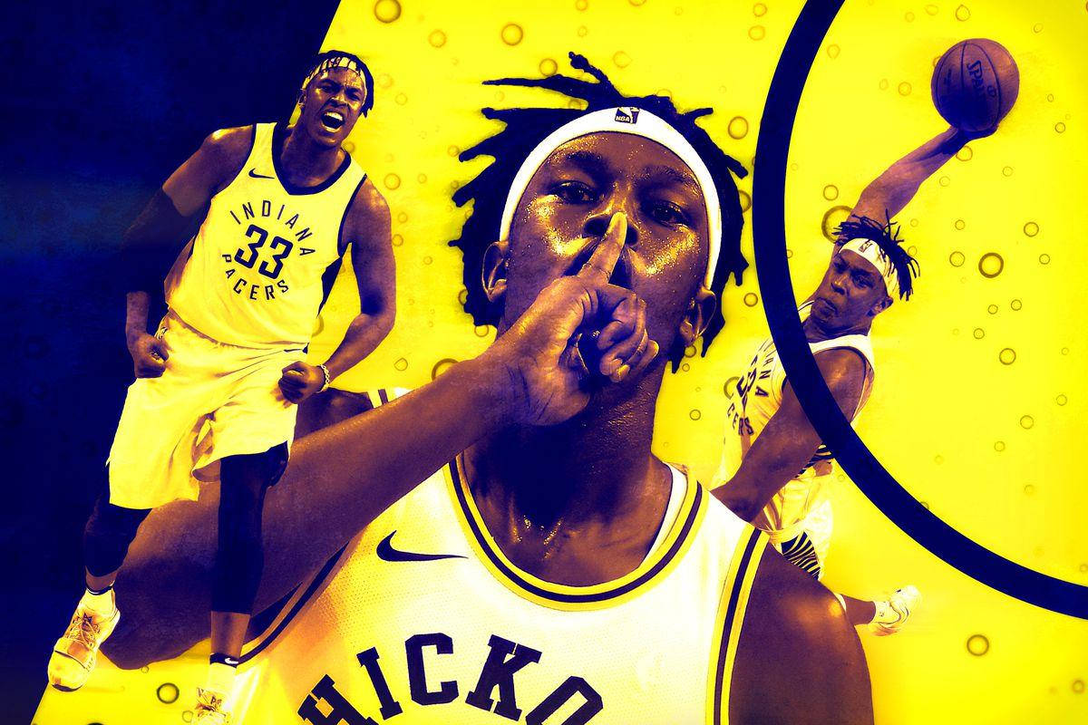 Myles Turner 黃色時尚風 壁紙 — 以黃色和藍色色調呈現動感籃球運動員拼貼畫，展示激烈的動作姿勢。