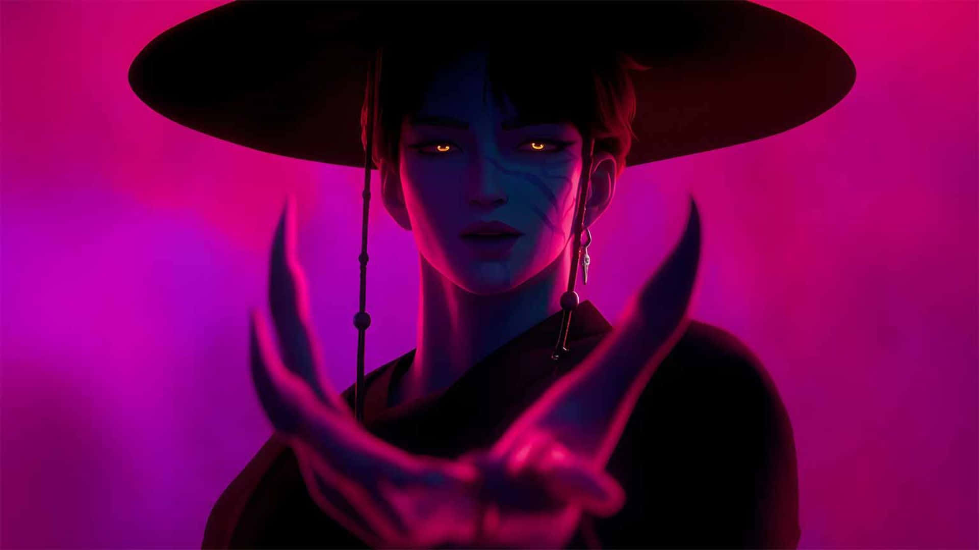  壁紙 — 一個神秘嘅動漫角色，有發光嘅眼睛同闊邊帽，伸出爪狀嘅手，喺充滿活力嘅粉紅同紫色光芒中。