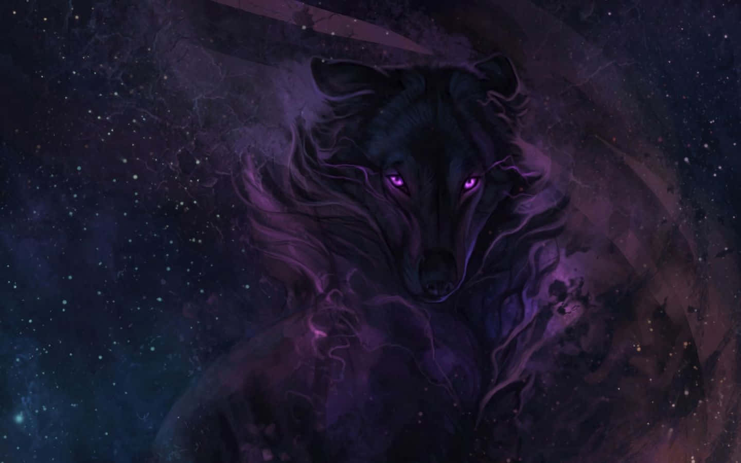  壁紙 — 一隻神秘的黑色狼，擁有發光的紫色眼睛，從旋轉的宇宙星雲中浮現，背景是繁星點點的夜空。