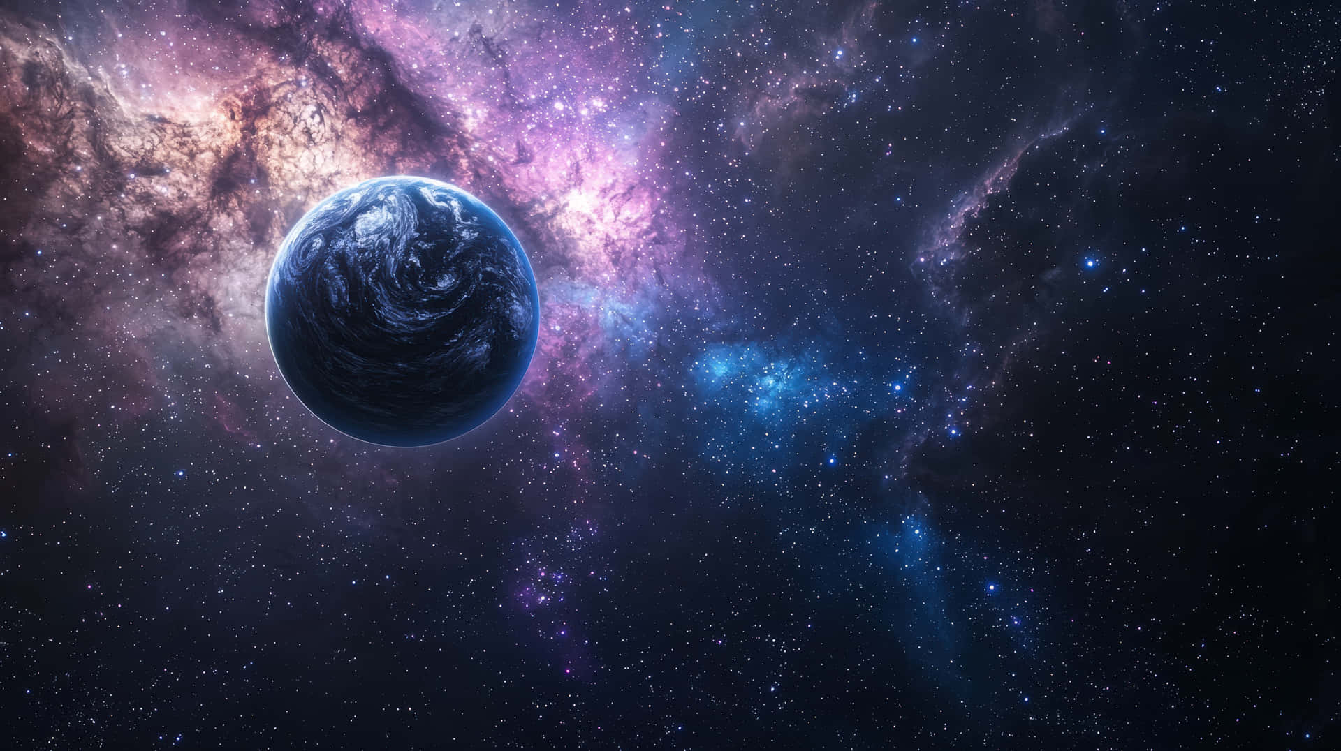 一顆藍色行星帶著旋轉的雲層，漂浮在佈滿星星的多彩宇宙星雲中。