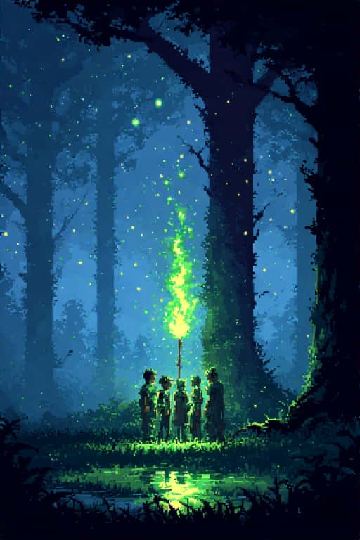 五個孩子站在夜晚的黑暗森林中，手持發光的綠色火炬，螢火蟲在他們周圍漂浮。