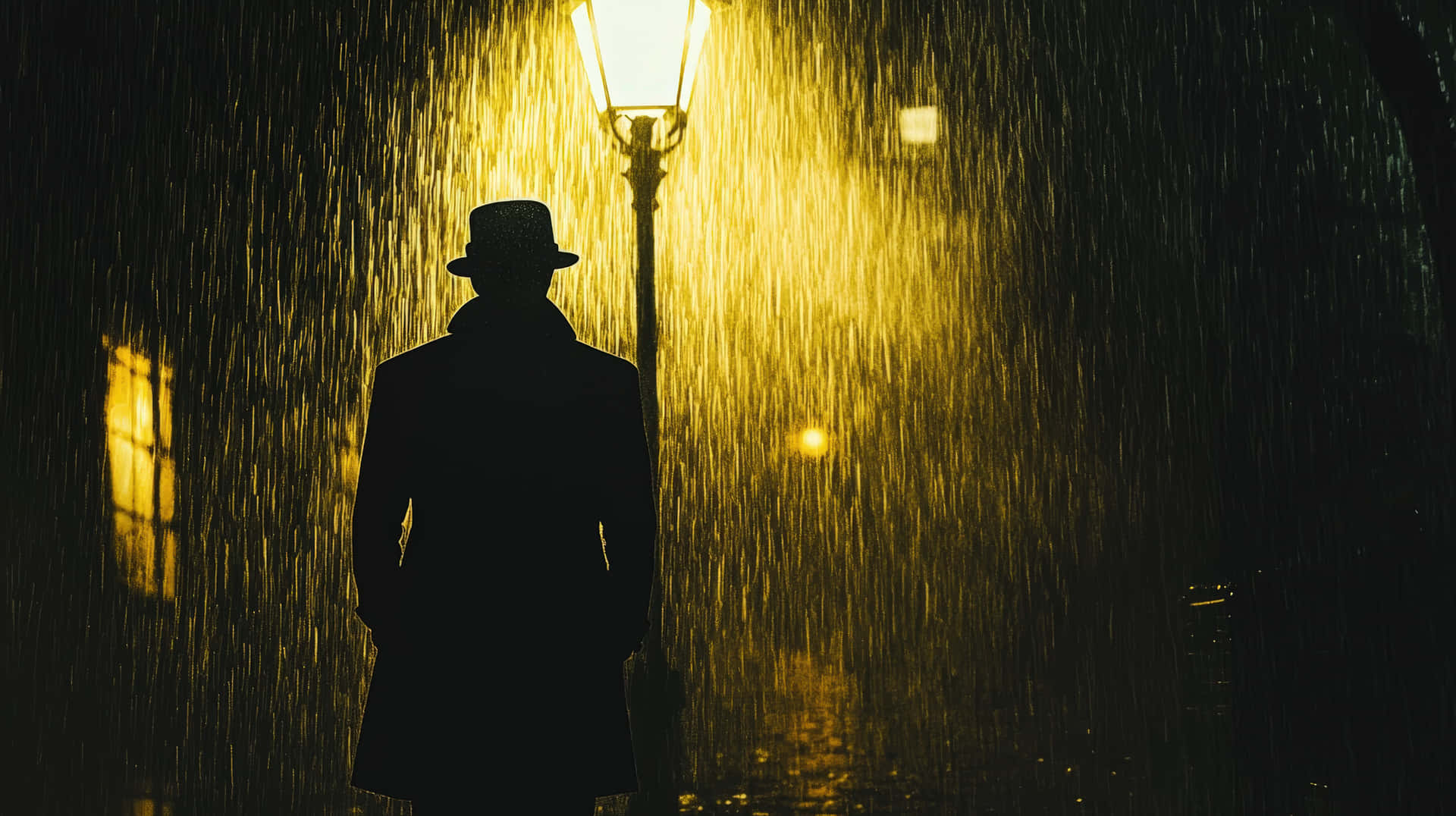 戴著紳士帽和風衣的男人在夜晚的雨中站在發光的路燈下