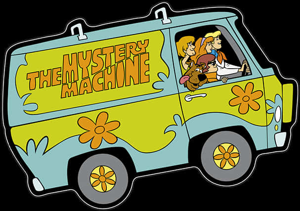 Mystery Machine與Scooby-Doo團隊 壁紙 — 標誌性的黃色和藍色神秘機器廂型車，裡面有史酷比和朋友們，卡通風格。