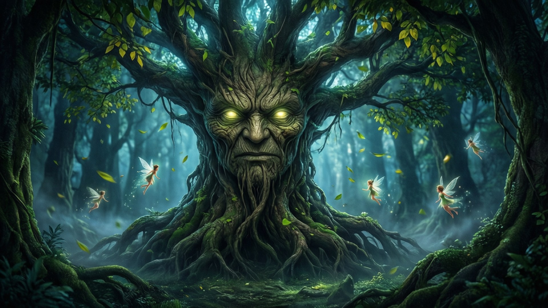 The Great Deku Tree 壁紙 — 一棵神秘的古樹，有著發光的眼睛和人類的臉龐，矗立在迷霧森林中，仙女們在它的根部周圍飛舞。