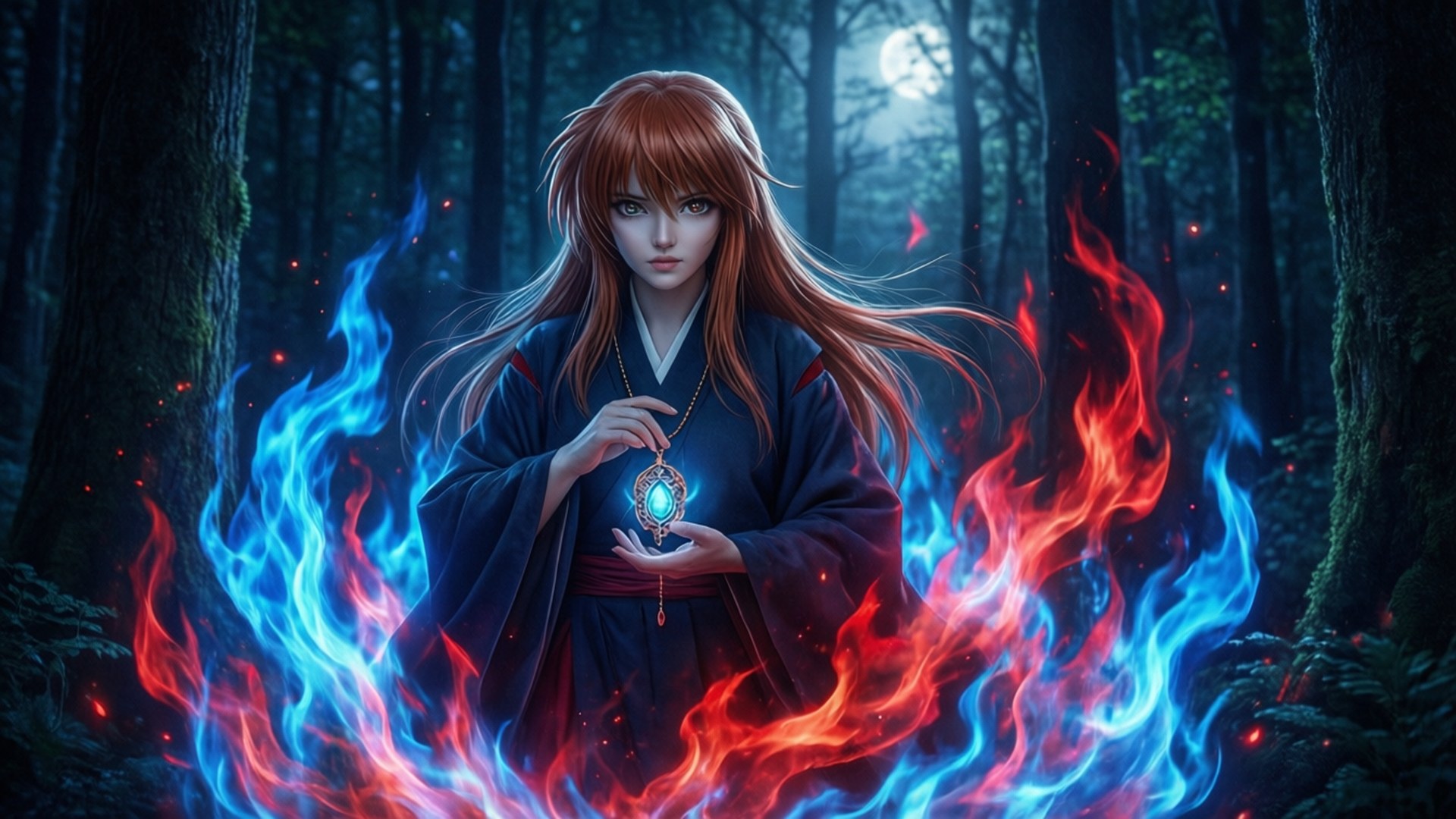 Shakugan No Shana 桌布 壁紙 — 一位神秘嘅動漫紅髮少女企喺月光照耀嘅森林入面，拎住一個被藍色同紅色旋轉火焰包圍嘅發光吊墜。