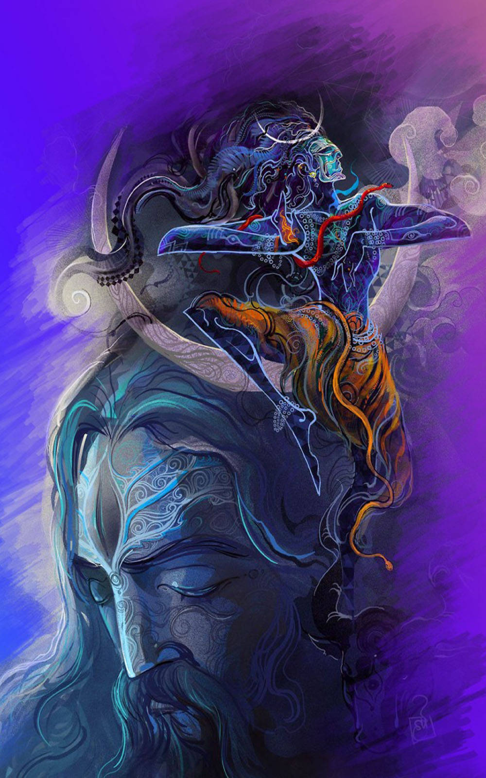 一位藍皮膚神祇，擁有飄逸的頭髮和華麗的圖案，在宇宙紫色背景下動態跳躍。