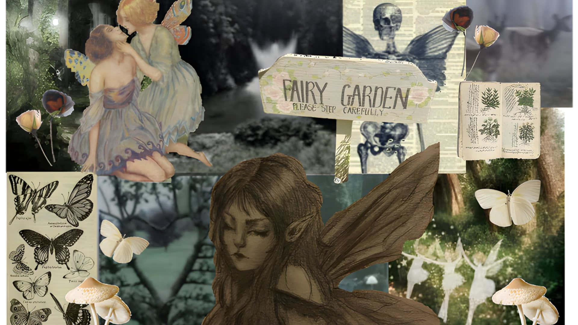  壁紙 — 一個神秘的精靈、蝴蝶和蘑菇拼貼畫，在一個異想天開的魔法花園中，帶有復古植物插圖和一個精靈花園標誌。
